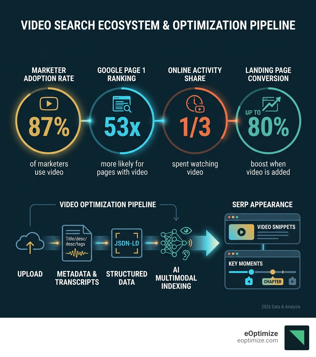 Infographic showing the video search ecosystem: key statistics include 87% marketer adoption rate, pages with video are 53x more likely to rank on Google page 1, one-third of all online activity is spent watching video, and adding video to a landing page can boost conversions by up to 80%; the infographic also maps the video optimization pipeline from upload through metadata, transcripts, structured data, and AI multimodal indexing to final SERP appearance as video snippets or Key Moments - optimize video for search infographic 
