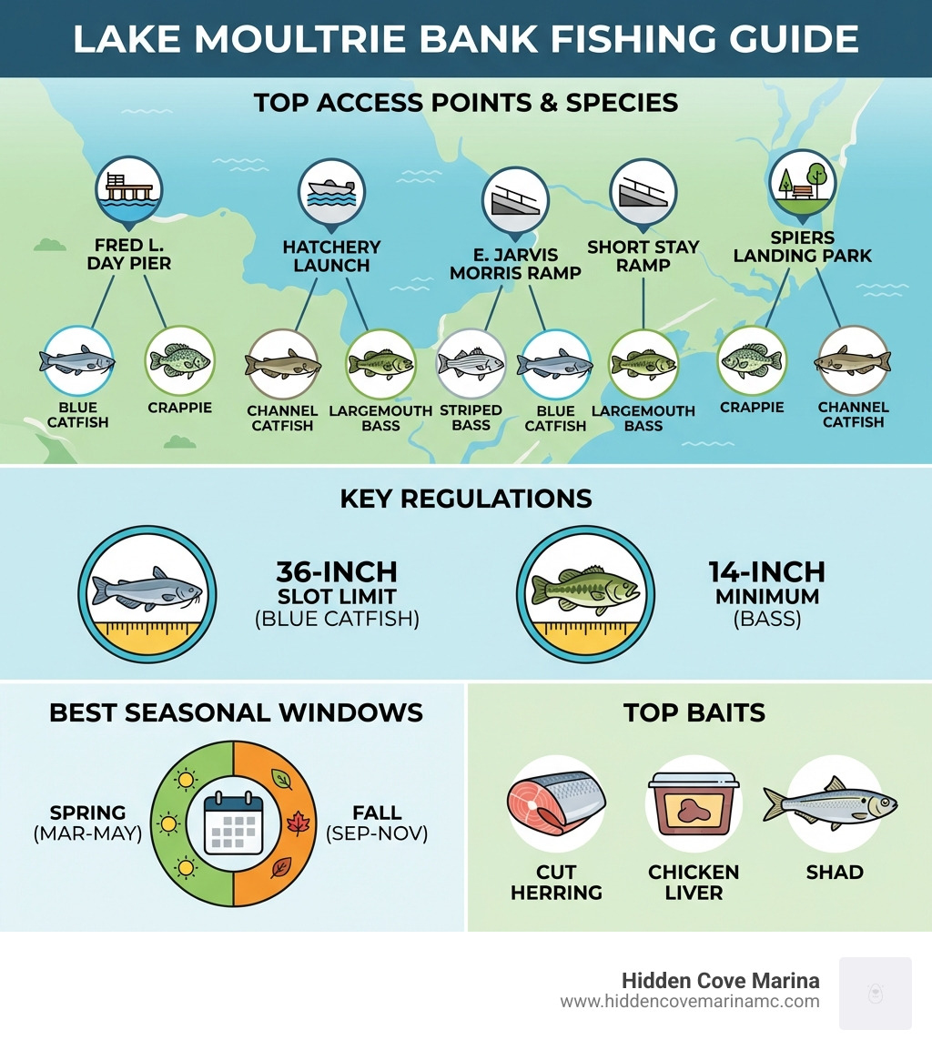 Infographic showing top bank fishing access points on Lake Moultrie, species available at each, key regulations including 36-inch blue catfish slot limit and 14-inch bass minimum, best seasonal windows including spring and fall, and top baits including cut herring, chicken liver, and shad - bank fishing on lake moultrie infographic Infographic showing top bank fishing access points on Lake Moultrie, species available at each, key regulations including 36-inch blue catfish slot limit and 14-inch bass minimum, best seasonal windows including spring and fall, and top baits including cut herring, chicken liver, and shad - bank fishing on lake moultrie infographic