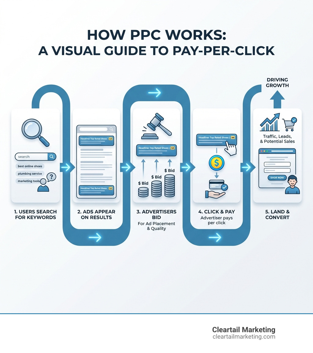 Infographic explaining how PPC works: users search for keywords, ads appear on search results, advertisers bid for ad placement, if a user clicks an ad, the advertiser pays, the user lands on the advertiser's website, driving traffic and potential conversions - best ppc advertising companies infographic 