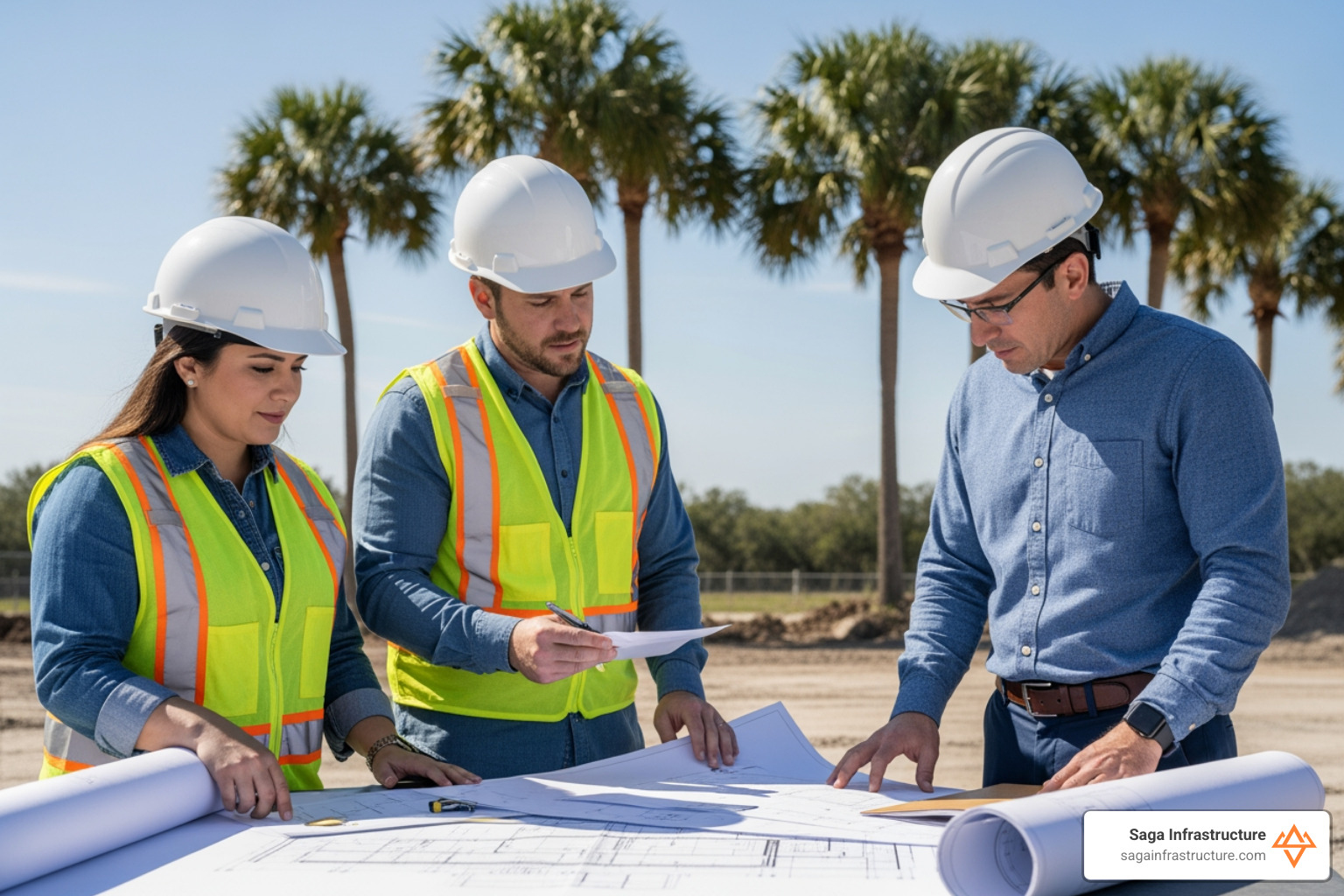 Engineers reviewing site plans for a new Florida development project - florida civil engineering firms Engineers reviewing site plans for a new Florida development project - florida civil engineering firms