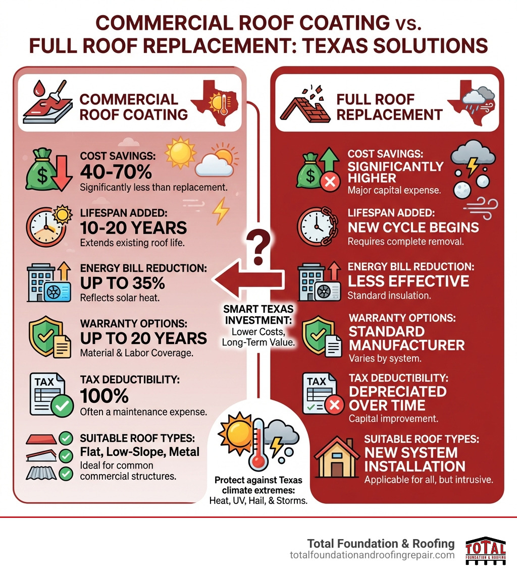 Infographic showing commercial roof coating vs. full roof replacement: cost comparison (40-70% savings), lifespan added (10-20 years), energy bill reduction (up to 35%), warranty options (up to 20 years), tax deductibility (100%), and suitable roof types (flat, low-slope, metal) — all laid out in a side-by-side visual format with Texas climate icons - commercial roof coating Texas infographic 