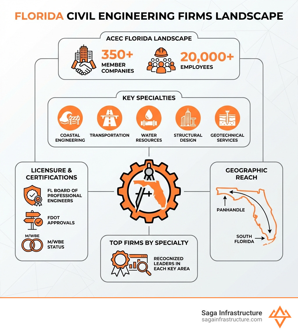 Infographic showing Florida civil engineering firms landscape: 350+ ACEC Florida member companies, 20,000+ employees, key specialties including coastal engineering, transportation, water resources, structural design, and geotechnical services; top firms by specialty; licensure through Florida Board of Professional Engineers; certifications including FDOT approvals and M/WBE status; geographic reach from Panhandle to South Florida - florida civil engineering firms infographic Infographic showing Florida civil engineering firms landscape: 350+ ACEC Florida member companies, 20,000+ employees, key specialties including coastal engineering, transportation, water resources, structural design, and geotechnical services; top firms by specialty; licensure through Florida Board of Professional Engineers; certifications including FDOT approvals and M/WBE status; geographic reach from Panhandle to South Florida - florida civil engineering firms infographic