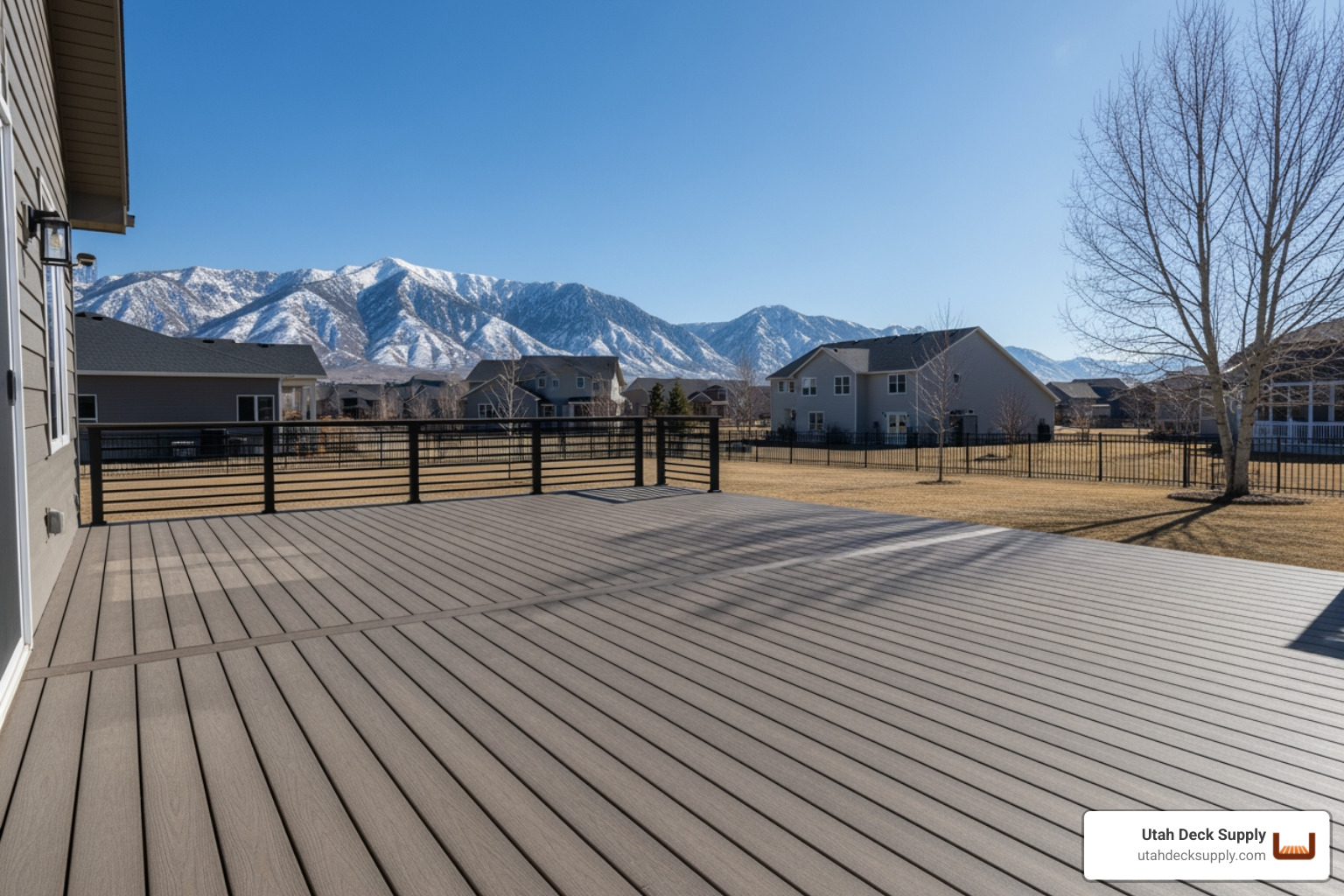 Large seamless composite deck in a Utah backyard during a clear afternoon - 20ft trex decking