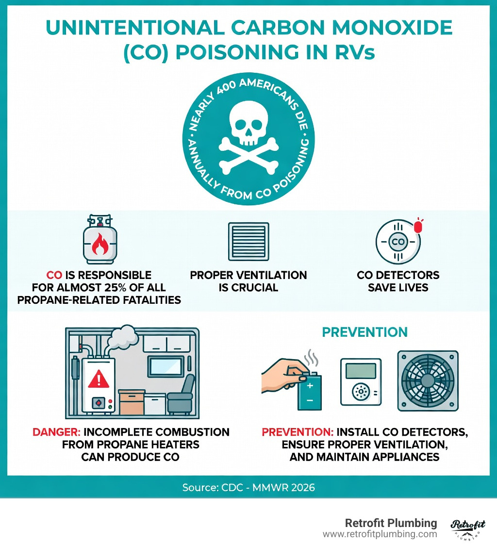 Infographic showing unintentional carbon monoxide poisoning statistics: highlighting that nearly 400 Americans die annually from CO poisoning and that CO is responsible for almost 25% of all propane-related fatalities, emphasizing the critical need for proper ventilation and detectors in RVs - propane tankless water heater rv infographic 