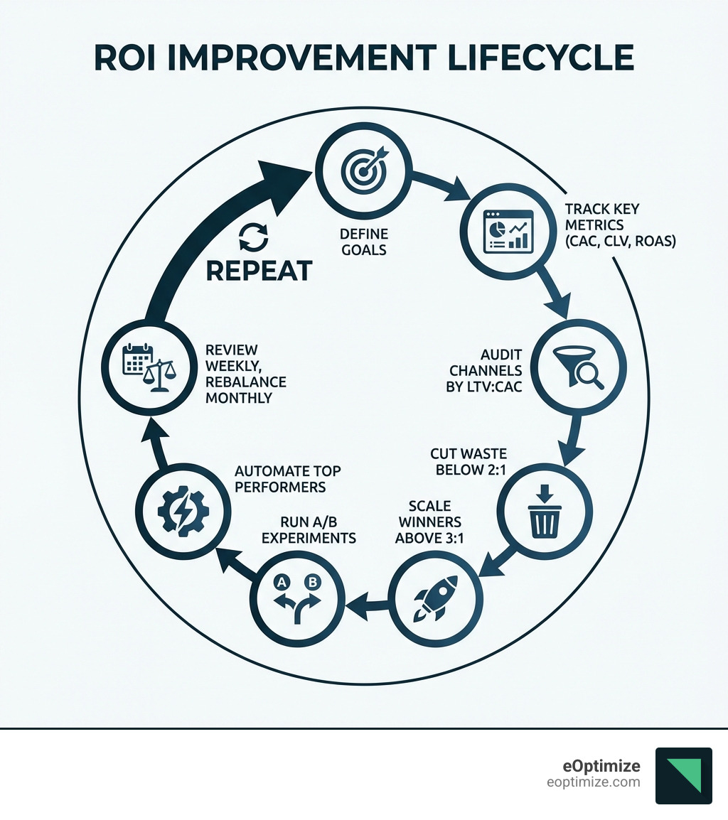 Infographic showing the ROI improvement lifecycle: Define Goals → Track Key Metrics (CAC, CLV, ROAS) → Audit Channels by LTV:CAC → Cut Waste Below 2:1 → Scale Winners Above 3:1 → Run A/B Experiments → Automate Top Performers → Review Weekly, Rebalance Monthly → Repeat - how to improve growth marketing roi infographic Infographic showing the ROI improvement lifecycle: Define Goals → Track Key Metrics (CAC, CLV, ROAS) → Audit Channels by LTV:CAC → Cut Waste Below 2:1 → Scale Winners Above 3:1 → Run A/B Experiments → Automate Top Performers → Review Weekly, Rebalance Monthly → Repeat - how to improve growth marketing roi infographic