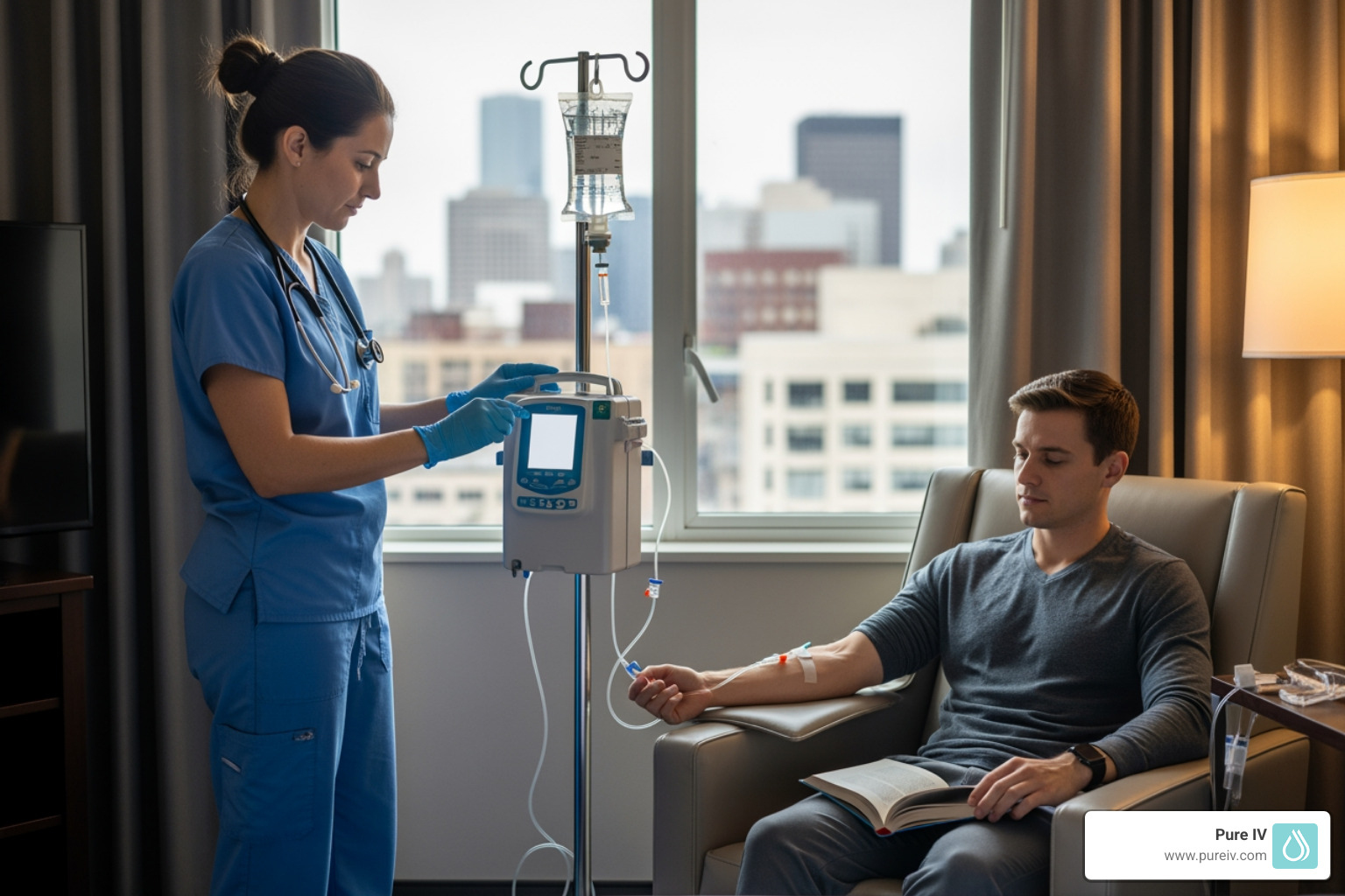 A licensed medical professional administering a mobile IV drip to a traveler resting in a comfortable hotel room chair - altitude sickness iv therapy