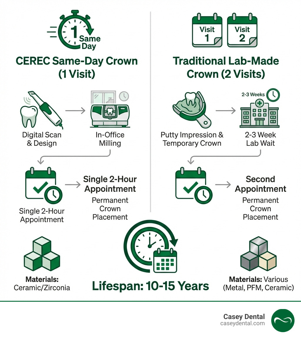 Infographic showing side-by-side comparison of CEREC same-day crown process (digital scan, in-office milling, single 2-hour appointment) versus traditional lab-made crown process (putty impression, temporary crown, 2-3 week lab wait, second appointment for permanent crown placement), including icons for materials used, number of visits, and lifespan of 10-15 years for both - cerec crown vs traditional crown infographic 