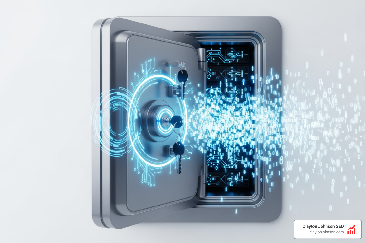 A high-tech digital vault with glowing blue circuitry and digital keys; the vault door is slightly ajar, revealing a stream of organized data bits; the image symbolizes secure, encrypted data storage and user-controlled access; enterprise style with a white background - Why personalized AI search A high-tech digital vault with glowing blue circuitry and digital keys; the vault door is slightly ajar, revealing a stream of organized data bits; the image symbolizes secure, encrypted data storage and user-controlled access; enterprise style with a white background - Why personalized AI search