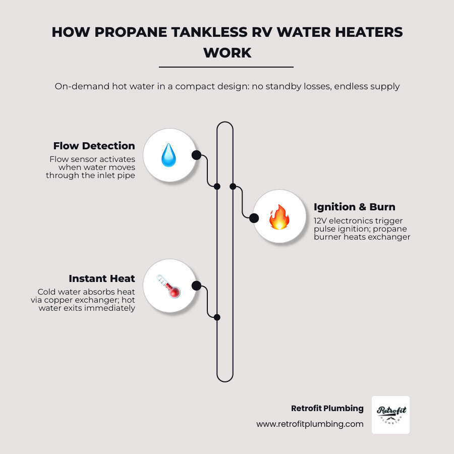 Infographic showing how a propane tankless RV water heater works: cold water enters through inlet, flow sensor detects water movement and triggers ignition, propane burner fires and heats a copper heat exchanger, hot water exits to fixtures instantly, with labeled BTU output range (42,000–65,000 BTU), GPM flow rates (1.5–2.9 GPM), and key safety components including forced exhaust fan, CO detector, and freeze protection sensor - propane tankless water heater rv infographic infographic-line-3-steps-elegant_beige