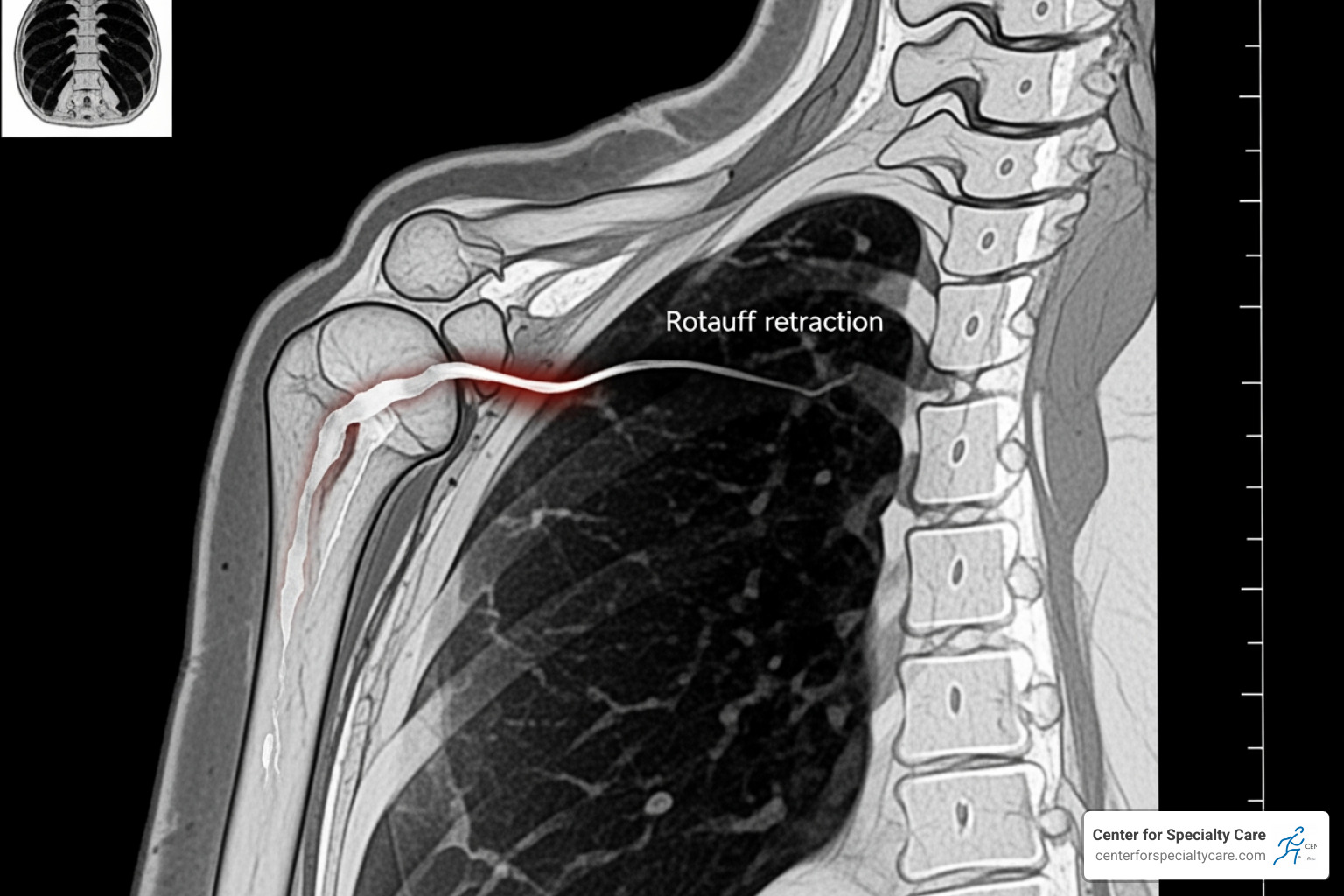 Shoulder MRI scan showing a full-thickness rotator cuff tear with tendon retraction - torn rotator cuff