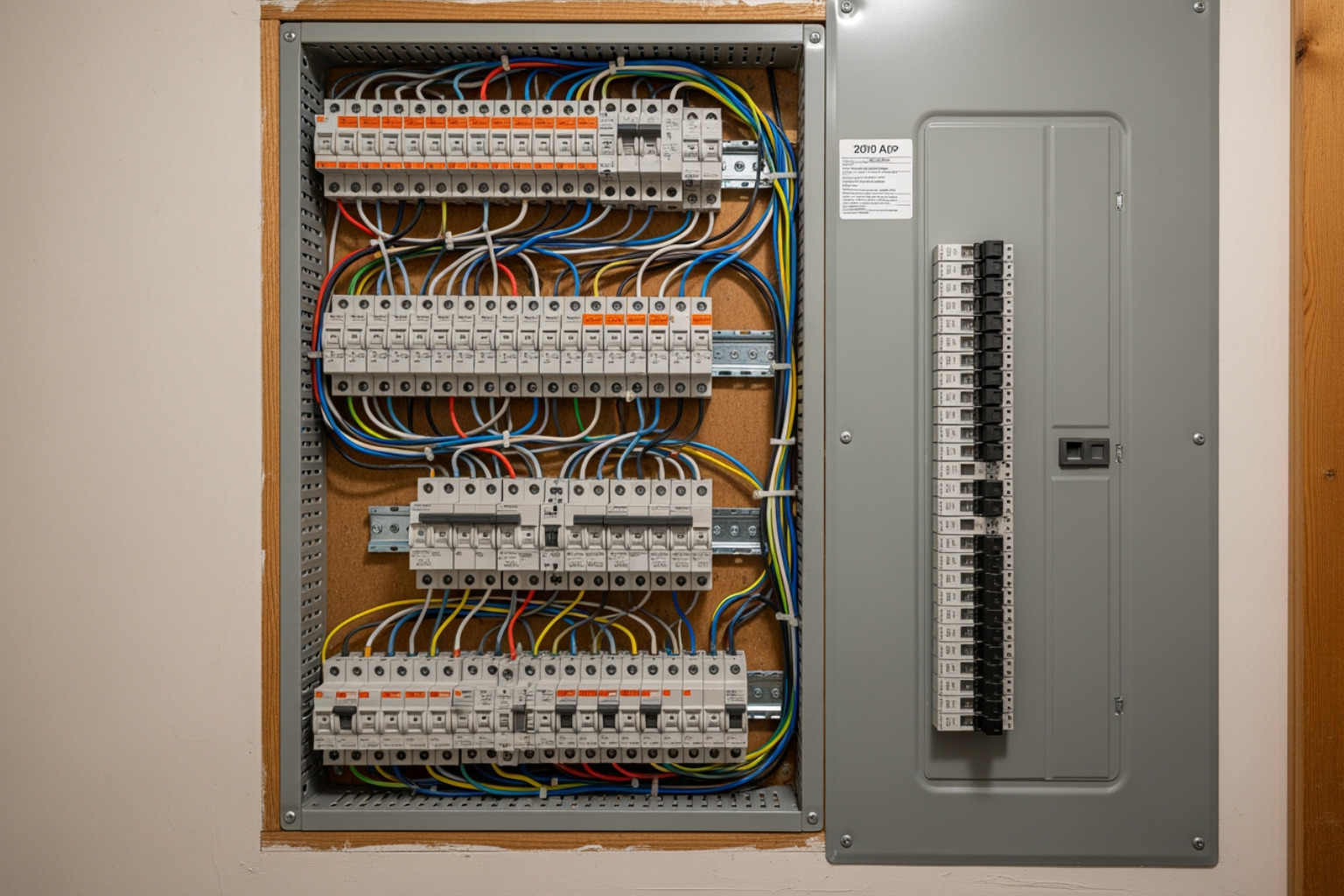 Modern 200-amp electrical panel with neatly organized wiring and clear labeling - electrical service panel replacement Modern 200-amp electrical panel with neatly organized wiring and clear labeling - electrical service panel replacement