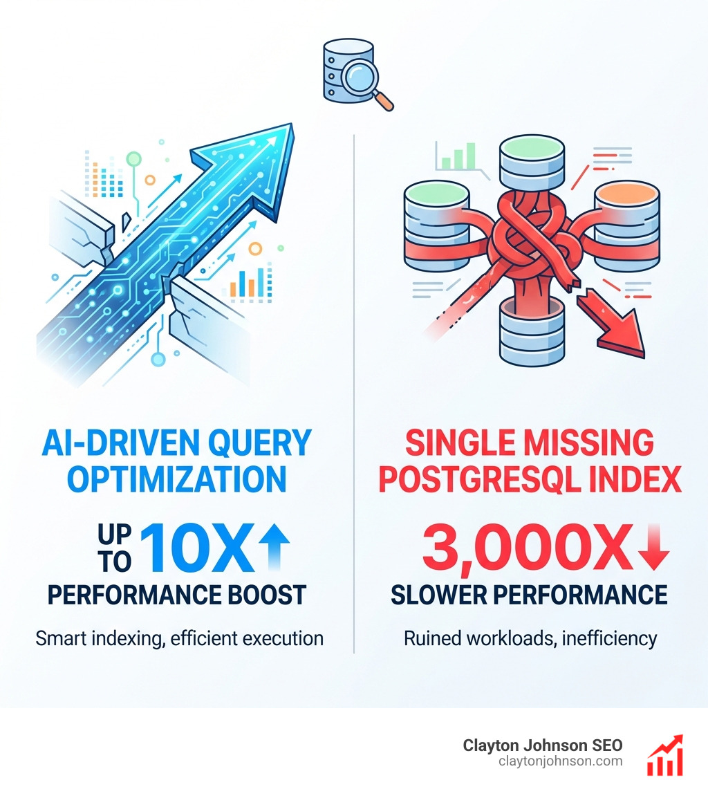 Infographic showing that AI-driven tools can boost query performance by up to 10x and that a single missing PostgreSQL index can ruin performance by 3,000x - ai powered query understanding infographic Infographic showing that AI-driven tools can boost query performance by up to 10x and that a single missing PostgreSQL index can ruin performance by 3,000x - ai powered query understanding infographic