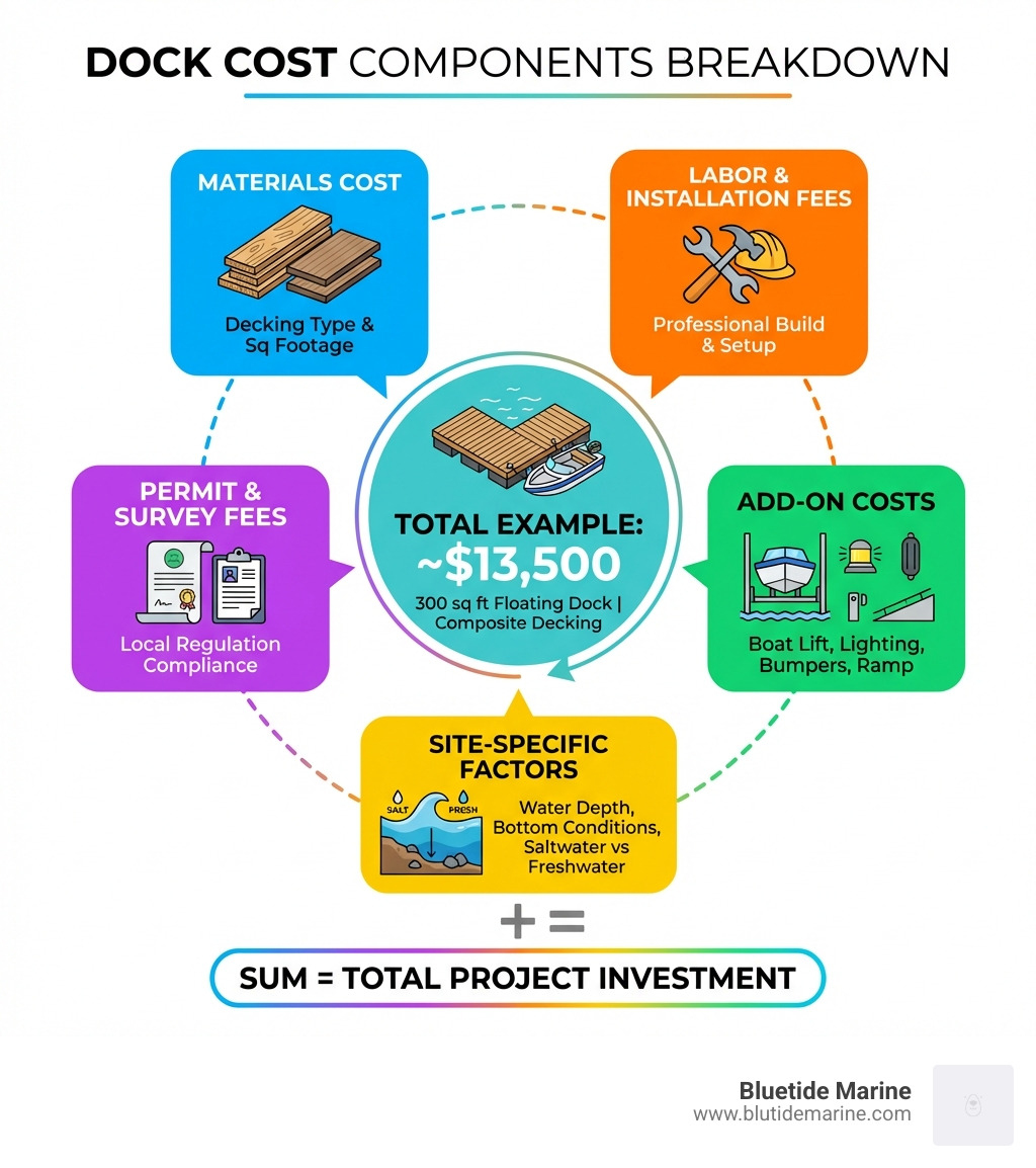 Infographic showing dock cost components: materials cost (decking type and sq footage), labor and installation fees, permit and survey fees, site-specific factors (water depth, bottom conditions, saltwater vs freshwater), and add-on costs (boat lift, lighting, bumpers, ramp) — with example total for a 300 sq ft floating dock with composite decking totaling approximately $13,500 - dock cost calculator infographic 