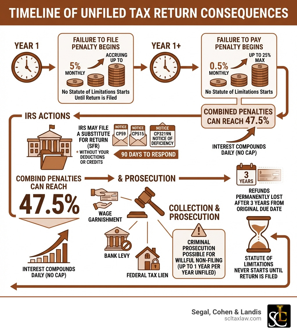 Infographic showing the timeline of unfiled tax return consequences: Year 1 - 5% monthly failure to file penalty begins, accruing up to 25% max; Year 1+ - 0.5% monthly failure to pay penalty begins, up to 25% max; combined penalties can reach 47.5%; interest compounds daily with no cap; IRS may file a Substitute for Return (SFR) without your deductions or credits; IRS issues notices (CP59, CP515, CP3219N Notice of Deficiency - 90 days to respond); collection actions begin: wage garnishment, bank levy, federal tax lien; criminal prosecution possible for willful non-filing (up to 1 year per year unfiled); refunds permanently lost after 3 years from original due date; statute of limitations never starts until return is filed - filing unfiled tax returns infographic Infographic showing the timeline of unfiled tax return consequences: Year 1 - 5% monthly failure to file penalty begins, accruing up to 25% max; Year 1+ - 0.5% monthly failure to pay penalty begins, up to 25% max; combined penalties can reach 47.5%; interest compounds daily with no cap; IRS may file a Substitute for Return (SFR) without your deductions or credits; IRS issues notices (CP59, CP515, CP3219N Notice of Deficiency - 90 days to respond); collection actions begin: wage garnishment, bank levy, federal tax lien; criminal prosecution possible for willful non-filing (up to 1 year per year unfiled); refunds permanently lost after 3 years from original due date; statute of limitations never starts until return is filed - filing unfiled tax returns infographic