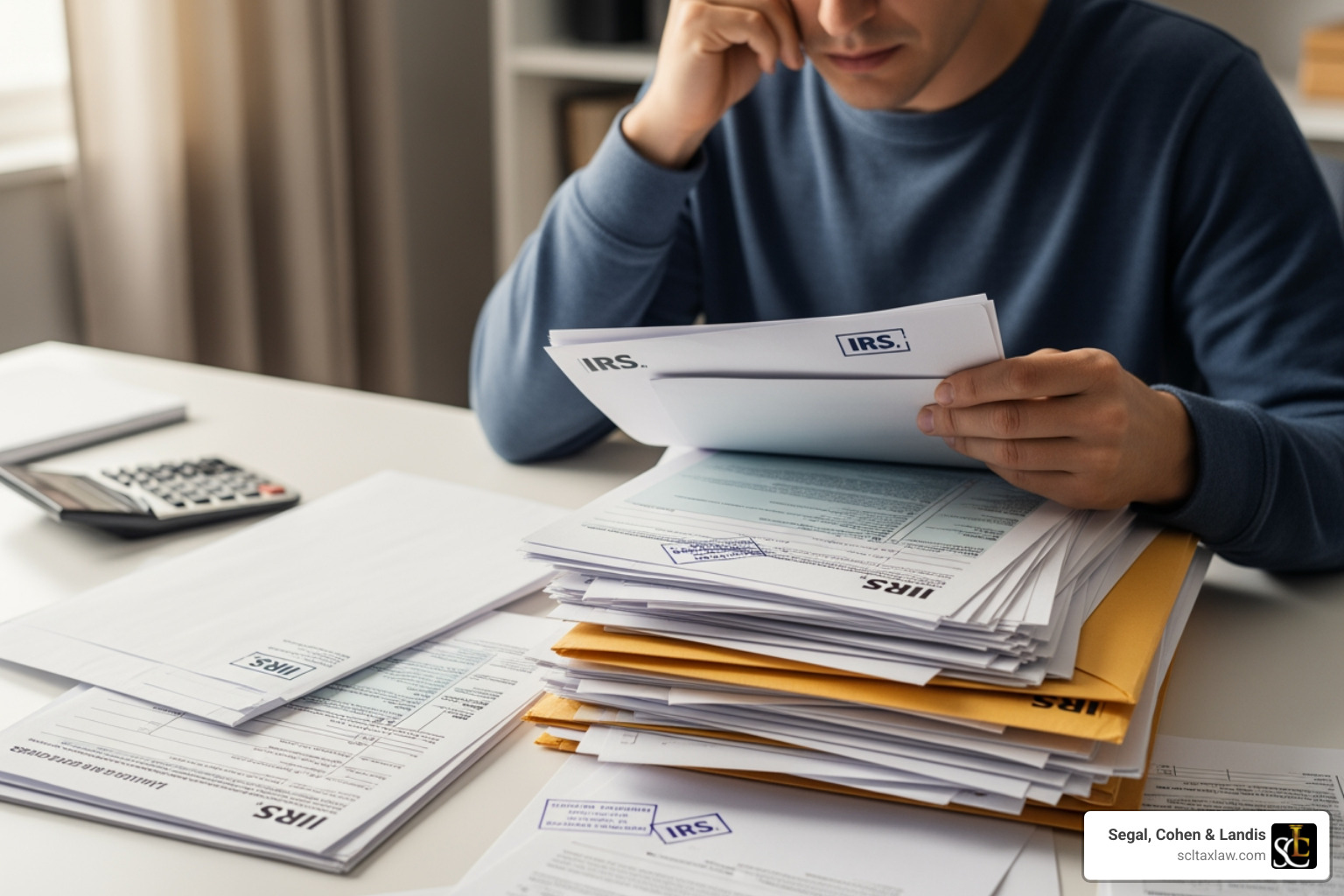 Taxpayer reviewing a stack of IRS notices and tax forms - filing unfiled tax returns Taxpayer reviewing a stack of IRS notices and tax forms - filing unfiled tax returns