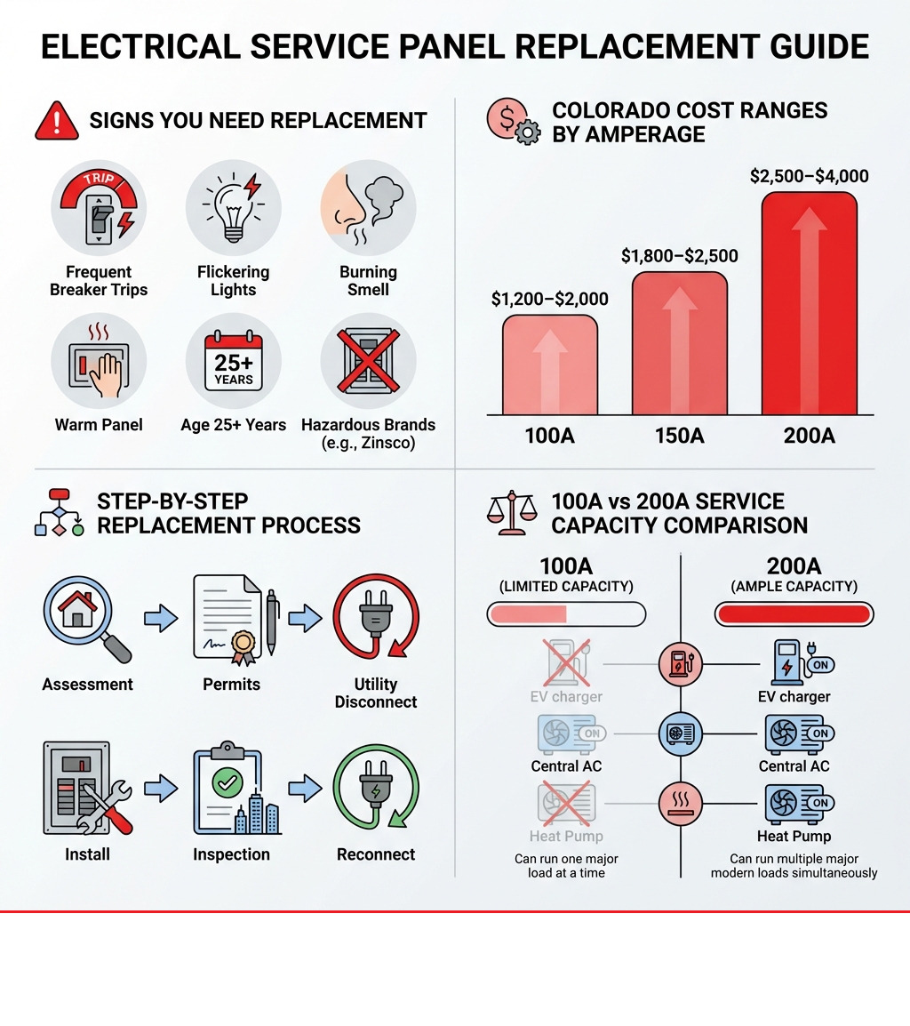Infographic showing: Top signs you need an electrical service panel replacement (frequent breaker trips, flickering lights, burning smell, warm panel, age 25+ years, hazardous brands); Colorado cost ranges by amperage (100A: $1,200–$2,000, 150A: $1,800–$2,500, 200A: $2,500–$4,000); Step-by-step replacement process (assessment, permits, utility disconnect, install, inspection, reconnect); and a comparison of 100A vs 200A service capacity for common modern loads like EV chargers, central AC, and heat pumps - electrical service panel replacement infographic Infographic showing: Top signs you need an electrical service panel replacement (frequent breaker trips, flickering lights, burning smell, warm panel, age 25+ years, hazardous brands); Colorado cost ranges by amperage (100A: $1,200–$2,000, 150A: $1,800–$2,500, 200A: $2,500–$4,000); Step-by-step replacement process (assessment, permits, utility disconnect, install, inspection, reconnect); and a comparison of 100A vs 200A service capacity for common modern loads like EV chargers, central AC, and heat pumps - electrical service panel replacement infographic