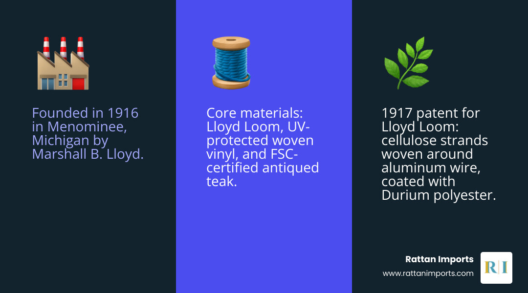 Infographic showing the Lloyd Flanders brand overview: founded 1916 in Menominee Michigan by Marshall B. Lloyd; 1917 Lloyd Loom patent weaving cellulose strands around aluminum wire into wicker fabric coated with Durium polyester; three core materials: Lloyd Loom, woven vinyl with UV inhibitors, and FSC-certified antiqued teak; 20 custom finishes and 400+ fabric options; key collections including Reflections, Grand Traverse, Contempo, and Mackinac; 4-5 week shipping from authorized dealers; motto Woven for Life - lloyd flanders outdoor patio furniture infographic 3_facts_emoji_blue