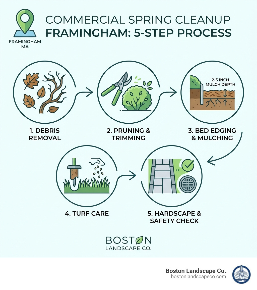 5-step infographic showing the commercial spring cleanup process for Framingham properties: Step 1 Debris Removal with icons of leaves and branches, Step 2 Pruning and Trimming with shrub icons, Step 3 Bed Edging and Mulching with garden bed diagram showing 2-3 inch mulch depth, Step 4 Turf Care showing aeration core and overseeding symbols, Step 5 Hardscape and Safety Check with walkway and drainage icons, with a Framingham MA location pin and Boston Landscape Co. branding - Commercial spring cleanup Framingham infographic 