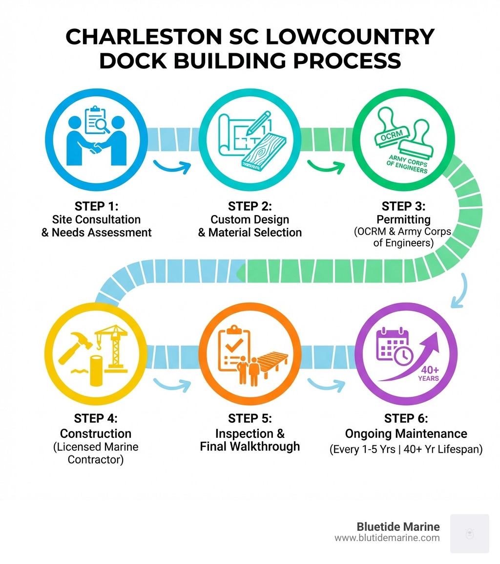 Infographic showing the dock building process in Charleston SC Lowcountry: Step 1 - Site consultation and needs assessment, Step 2 - Custom design and material selection, Step 3 - Permitting through OCRM and Army Corps of Engineers, Step 4 - Construction with licensed marine contractor, Step 5 - Inspection and final walkthrough, Step 6 - Ongoing maintenance every 1-5 years to extend lifespan up to 40+ years - charleston sc dock builders infographic Infographic showing the dock building process in Charleston SC Lowcountry: Step 1 - Site consultation and needs assessment, Step 2 - Custom design and material selection, Step 3 - Permitting through OCRM and Army Corps of Engineers, Step 4 - Construction with licensed marine contractor, Step 5 - Inspection and final walkthrough, Step 6 - Ongoing maintenance every 1-5 years to extend lifespan up to 40+ years - charleston sc dock builders infographic