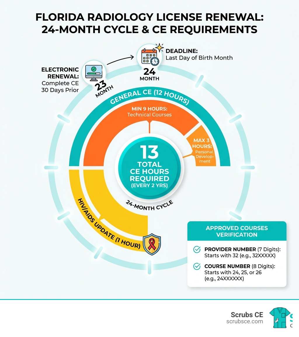 Infographic showing the 24-month Florida Radiology license renewal cycle: 13 total CE hours required (12 general + 1 HIV/AIDS), minimum 9 technical hours, maximum 3 personal development hours, deadline is the last day of birth month, electronic renewal requires CE completed 30 days prior, approved courses must have a 7-digit Florida provider number starting with 32 and an 8-digit course number starting with 24, 25, or 26 - Florida Radiology CEUs infographic Infographic showing the 24-month Florida Radiology license renewal cycle: 13 total CE hours required (12 general + 1 HIV/AIDS), minimum 9 technical hours, maximum 3 personal development hours, deadline is the last day of birth month, electronic renewal requires CE completed 30 days prior, approved courses must have a 7-digit Florida provider number starting with 32 and an 8-digit course number starting with 24, 25, or 26 - Florida Radiology CEUs infographic