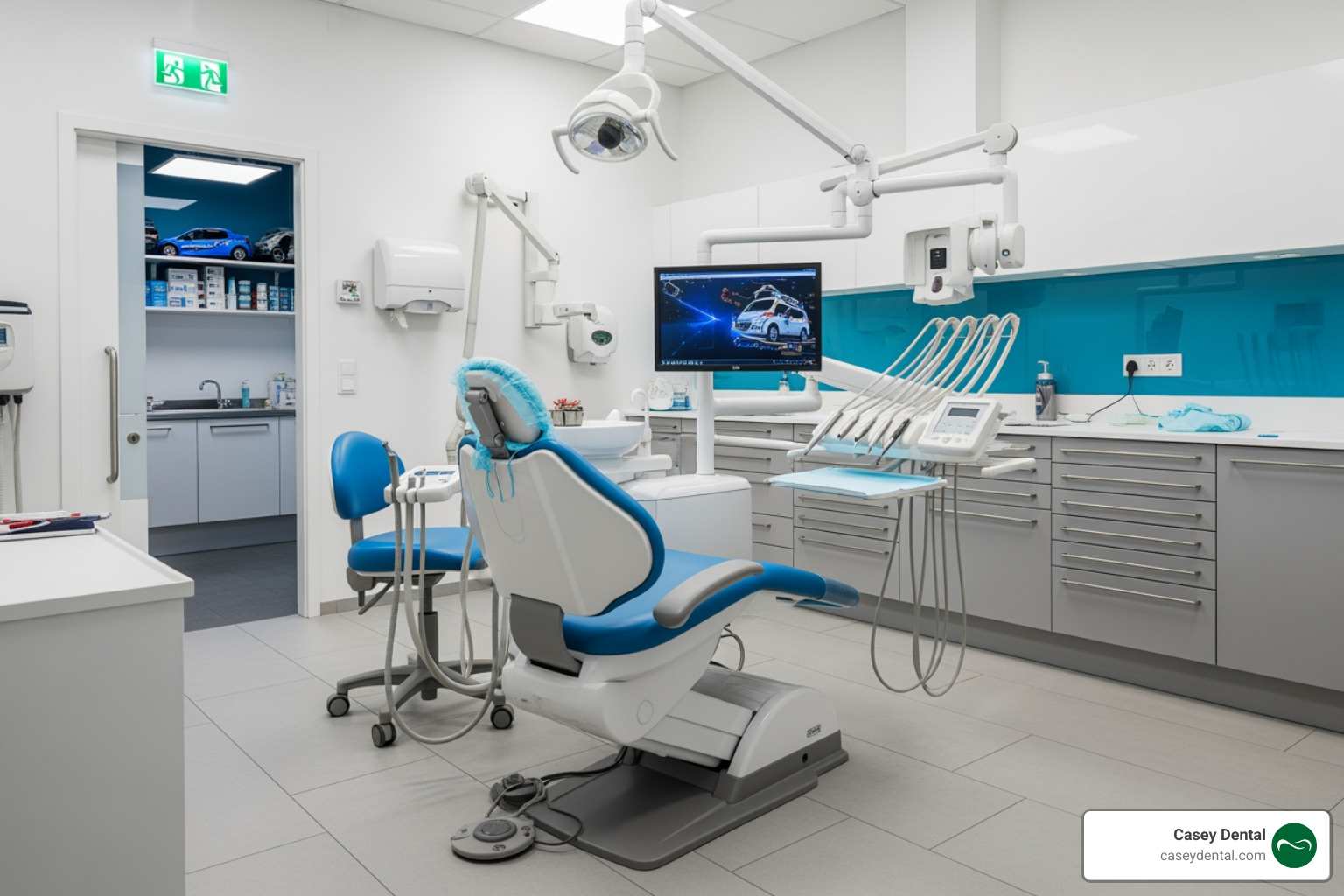 A modern, clean dental treatment room with advanced technology and a comfortable patient chair, ready for an emergency procedure - emergency dental open now