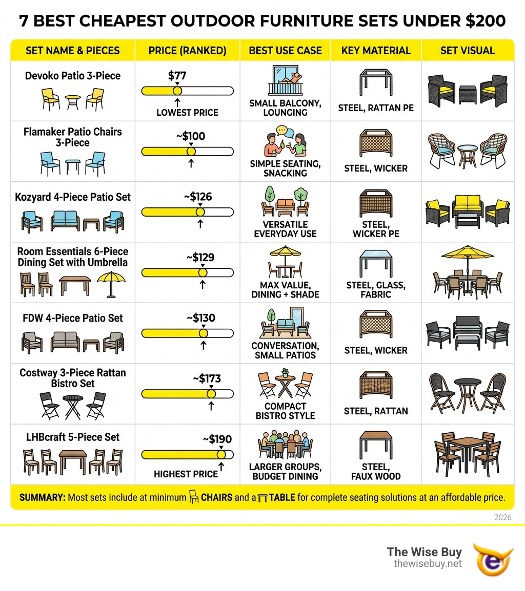 Infographic showing 7 best cheapest outdoor furniture sets under $200, ranked by price from $77 to $190, with columns for set name, number of pieces, price, best use case (small balcony, dining, lounging, entertaining), and key material (steel, rattan, wicker, wood), plus a summary row highlighting that most sets include chairs and a table at minimum - best cheapest outdoor furniture infographic Infographic showing 7 best cheapest outdoor furniture sets under $200, ranked by price from $77 to $190, with columns for set name, number of pieces, price, best use case (small balcony, dining, lounging, entertaining), and key material (steel, rattan, wicker, wood), plus a summary row highlighting that most sets include chairs and a table at minimum - best cheapest outdoor furniture infographic