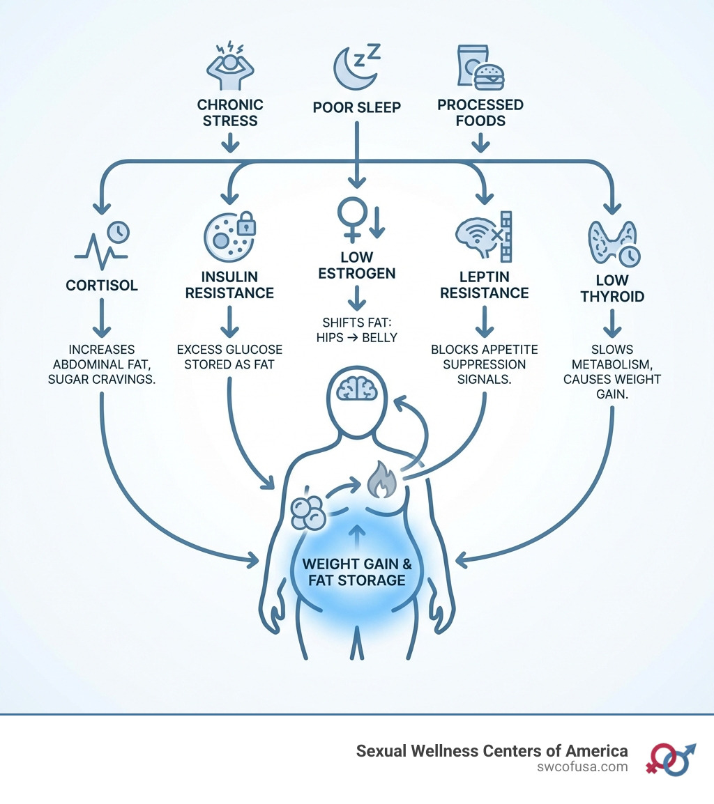 Infographic showing the connection between key hormones and weight gain: cortisol increases abdominal fat storage and sugar cravings; insulin resistance leads to excess glucose stored as fat; low estrogen shifts fat from hips to belly; leptin resistance blocks appetite suppression signals; low thyroid slows metabolism and causes weight gain — with arrows showing how chronic stress, poor sleep, and processed foods trigger this hormonal cascade - natural remedies for hormonal imbalance and weight gain infographic 