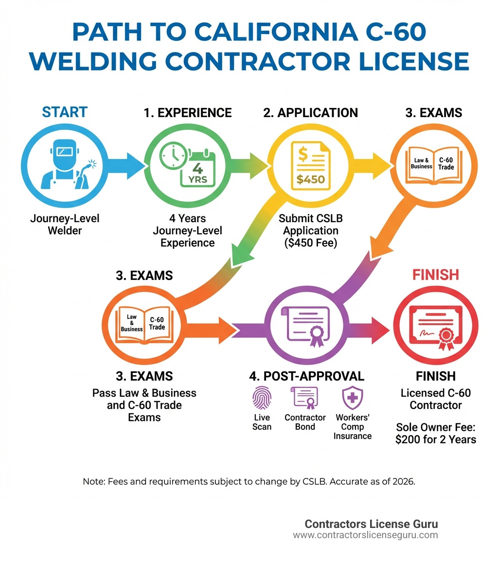 Infographic showing the step-by-step path from journey-level welder to licensed C-60 welding contractor in California, including: 4 years journey-level experience, CSLB application submission with $450 fee, Law and Business exam, C-60 Trade exam, Live Scan fingerprinting, contractor bond, workers' compensation insurance, and final license issuance with sole owner fee of $200 for 2 years - california welding contractor license infographic 