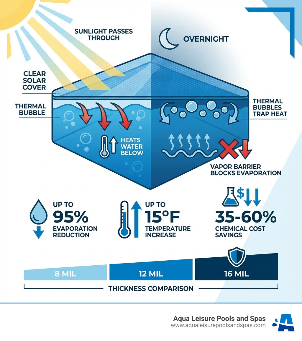 Infographic showing how a solar pool cover works: sunlight passes through the clear cover and heats the water below, thermal bubbles trap heat overnight, and the vapor barrier layer blocks evaporation — with stats showing up to 95% evaporation reduction, up to 15°F temperature increase, and 35-60% chemical cost savings, with a thickness comparison bar showing 8 mil, 12 mil, and 16 mil options - durable solar pool cover infographic 