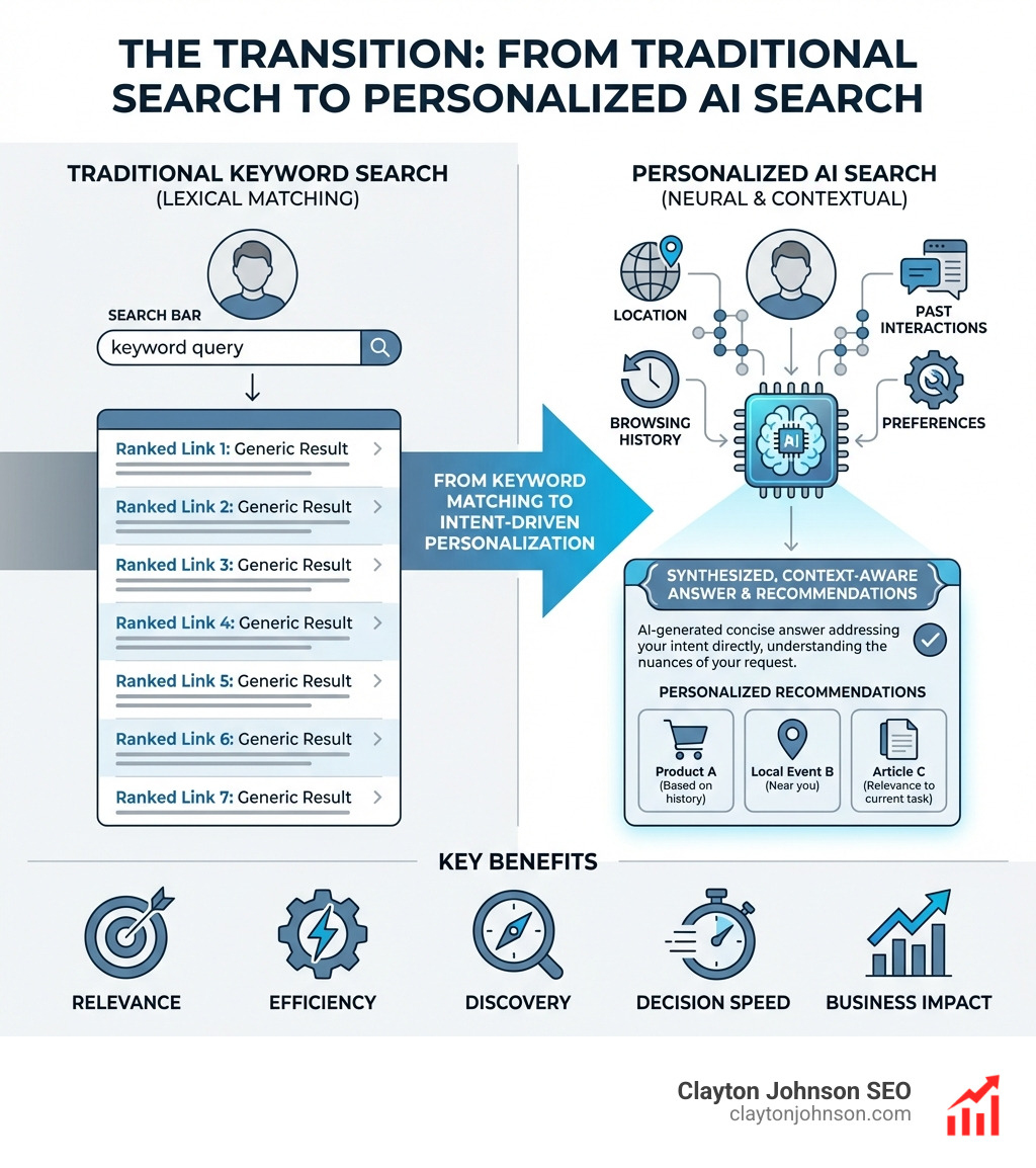 Infographic showing the transition from traditional keyword-based search to personalized AI search: left side shows a user typing a keyword into a search bar and receiving a ranked list of blue links; right side shows the same user receiving a synthesized, context-aware answer with personalized recommendations drawn from their browsing history, location, and past interactions; center arrow labeled 'From Keyword Matching to Intent-Driven Personalization'; key benefits listed at the bottom include Relevance, Efficiency, Discovery, Decision Speed, and Business Impact; clean white background with enterprise blue and gray color scheme - Why personalized AI search infographic Infographic showing the transition from traditional keyword-based search to personalized AI search: left side shows a user typing a keyword into a search bar and receiving a ranked list of blue links; right side shows the same user receiving a synthesized, context-aware answer with personalized recommendations drawn from their browsing history, location, and past interactions; center arrow labeled 'From Keyword Matching to Intent-Driven Personalization'; key benefits listed at the bottom include Relevance, Efficiency, Discovery, Decision Speed, and Business Impact; clean white background with enterprise blue and gray color scheme - Why personalized AI search infographic