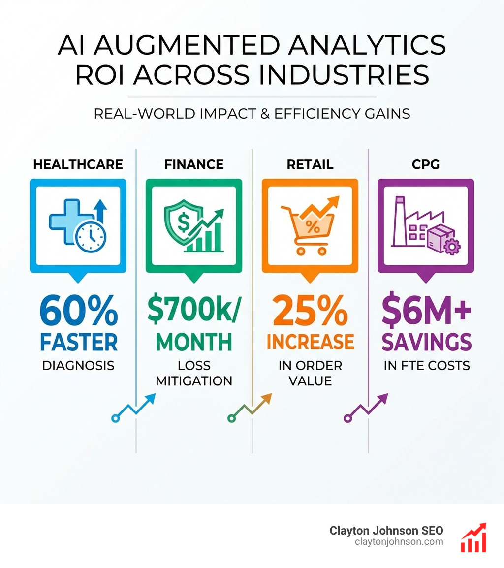 Infographic showing ROI statistics across industries: Healthcare (60% faster diagnosis), Finance ($700k/month loss mitigation), Retail (25% increase in order value), and CPG ($6M+ savings in FTE costs) — white background enterprise corporate style - AI augmented analytics workflows infographic 