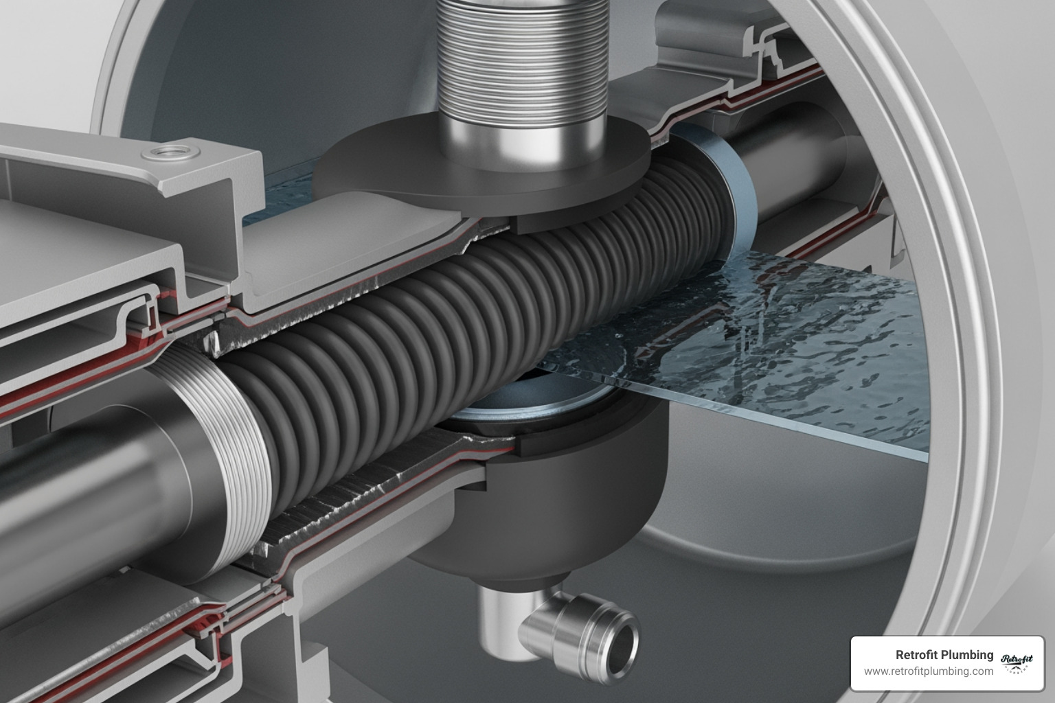 Internal view of a thermal expansion tank showing the flexible rubber diaphragm separating the air and water chambers - replacing water heater expansion tank