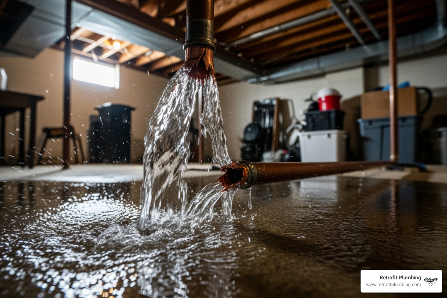 A burst copper pipe spraying water in a residential basement - emergency plumber Covington