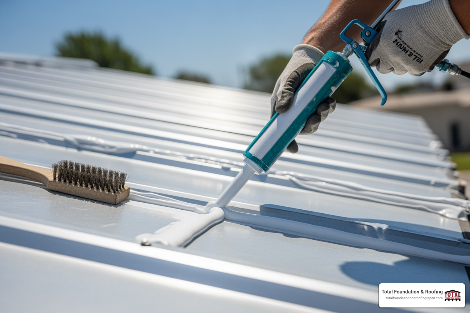 Technician applying a thick bead of polyurethane sealant to a cleaned metal roof seam using a caulk gun, with a wire brush nearby for surface preparation - fix metal roof leak