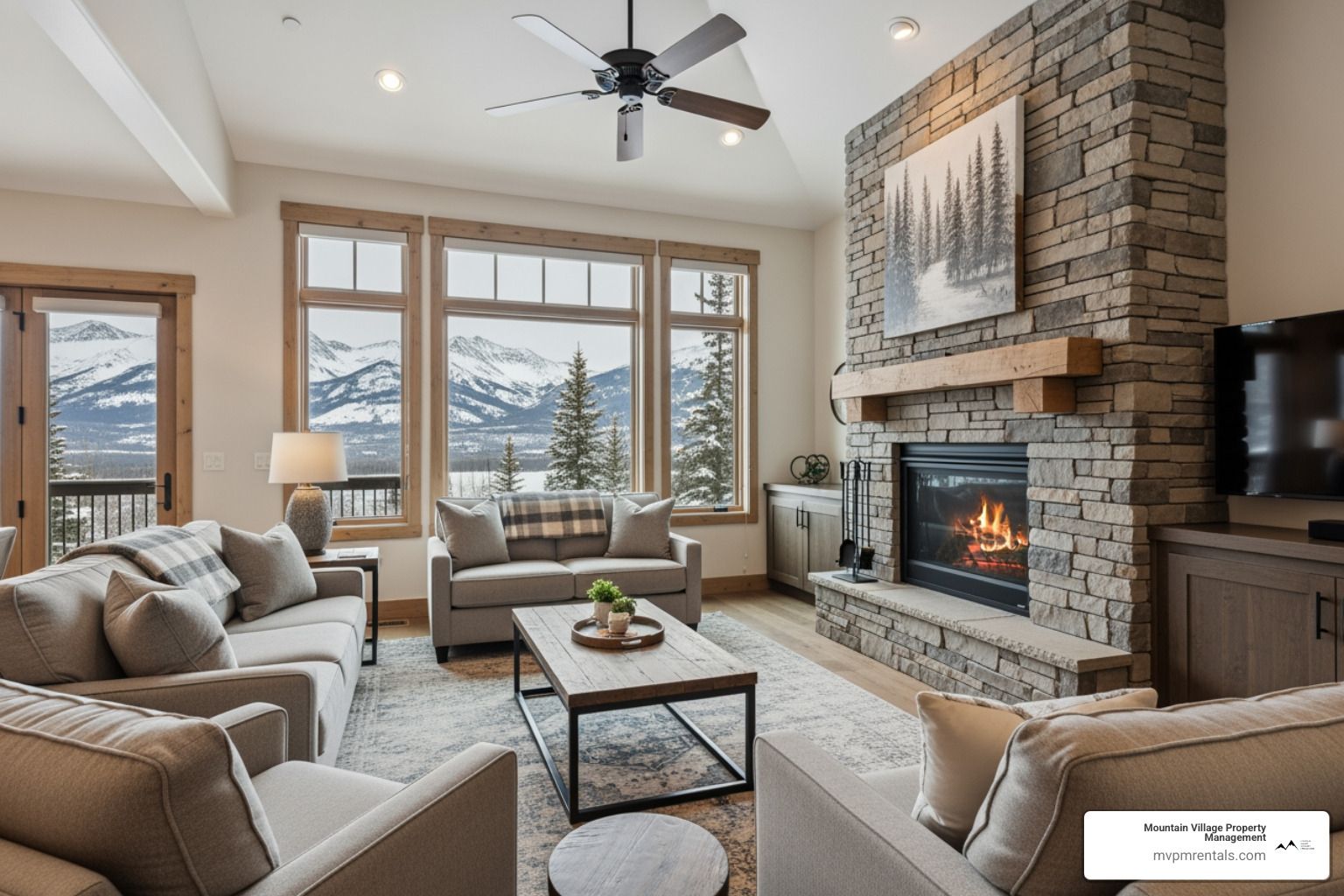 Interior of a cozy long-term rental in Big Sky featuring mountain-modern decor and a stone fireplace - big sky property manager Interior of a cozy long-term rental in Big Sky featuring mountain-modern decor and a stone fireplace - big sky property manager