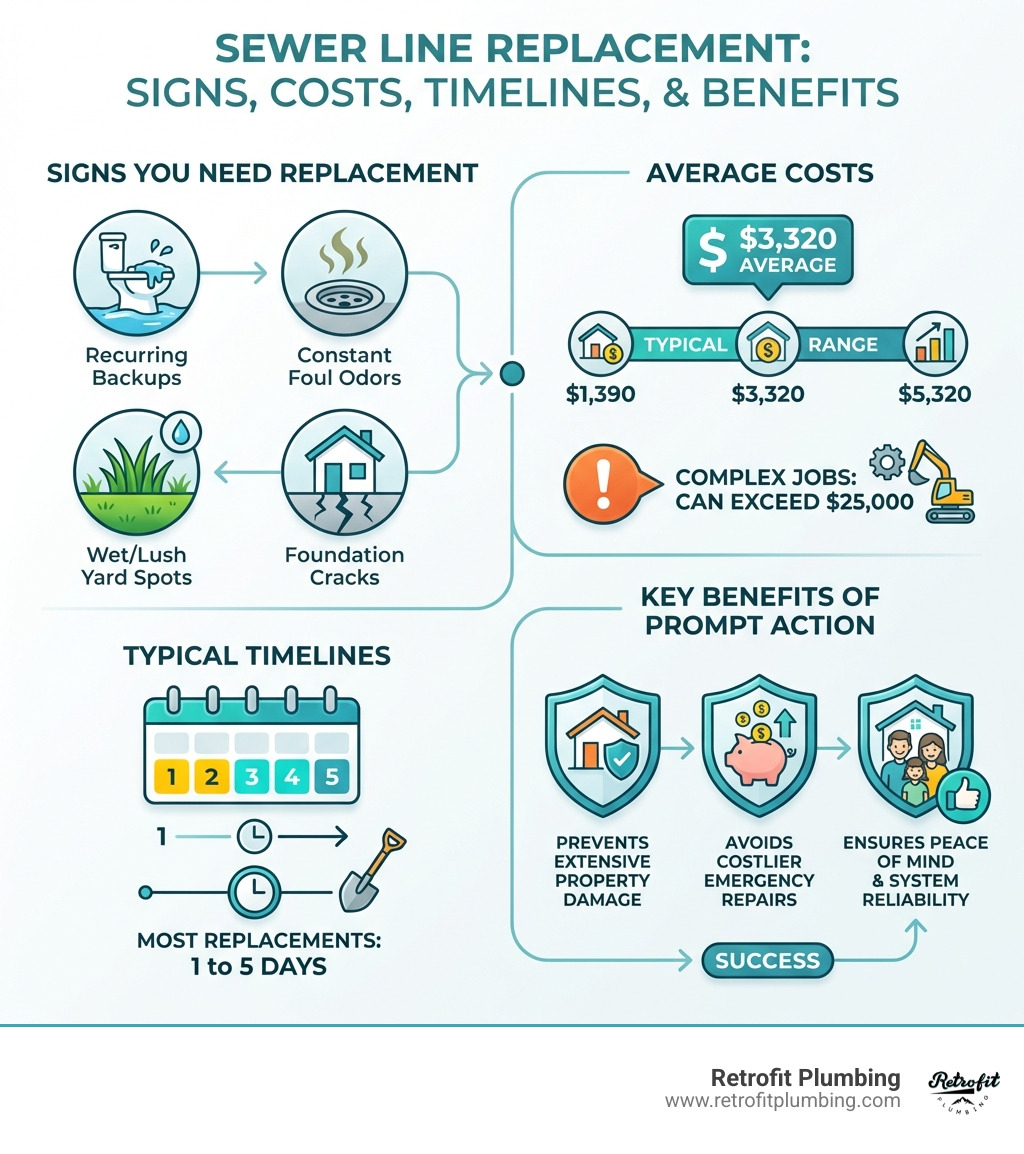 Infographic detailing signs you need sewer line replacement, average costs, typical timelines, and key benefits of prompt action - sewer line replacement infographic Infographic detailing signs you need sewer line replacement, average costs, typical timelines, and key benefits of prompt action - sewer line replacement infographic