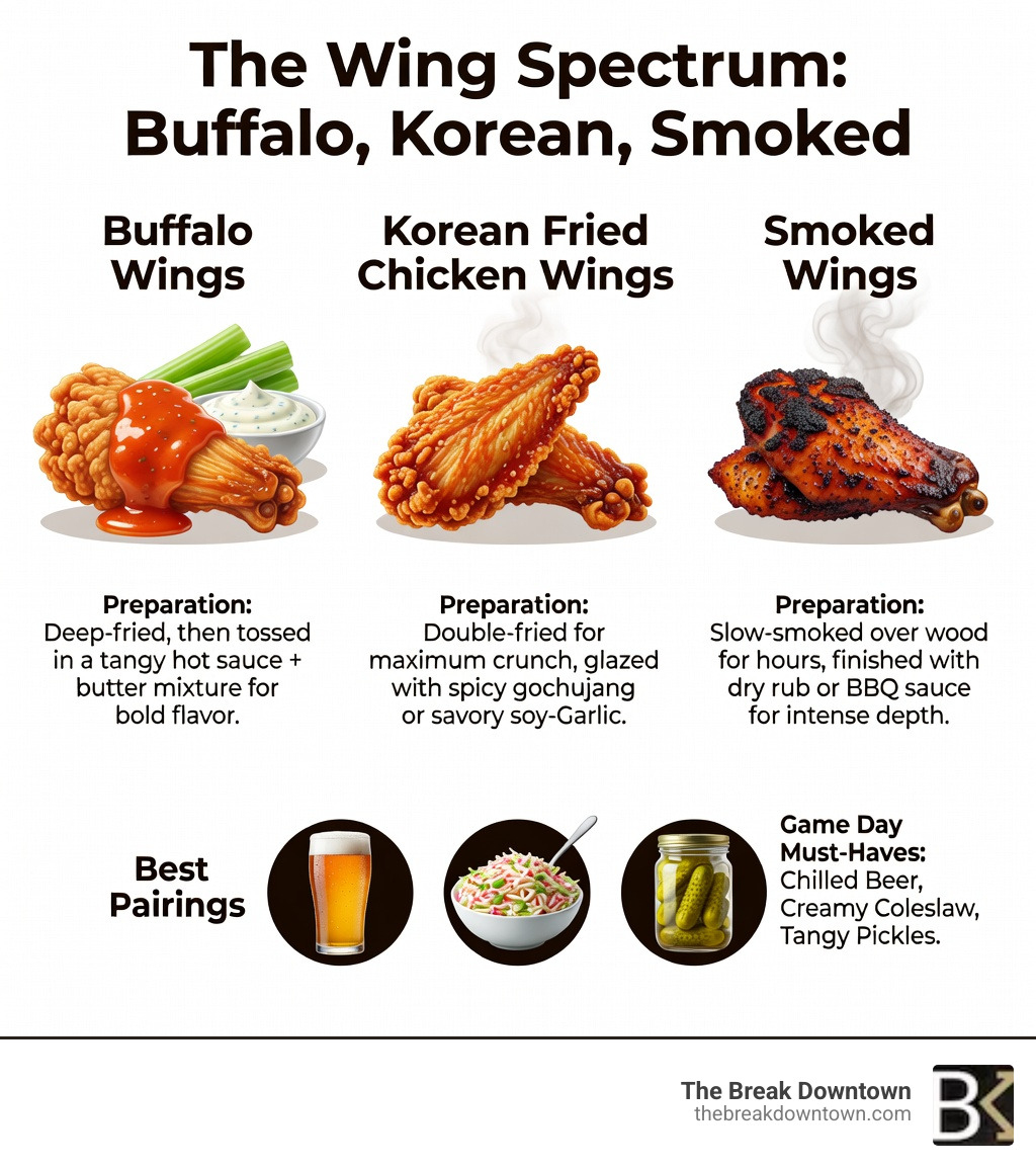 Infographic comparing Buffalo wings (tangy hot sauce, butter, celery, blue cheese), Korean fried chicken wings (double-fried, soy garlic or spicy gochujang glaze, crispy thin skin), and Smoked wings (slow-smoked, dry rub or BBQ sauce, deep smoky flavor) — showing key differences in preparation style, sauce profiles, and best pairings for each - utah best chicken wings infographic 