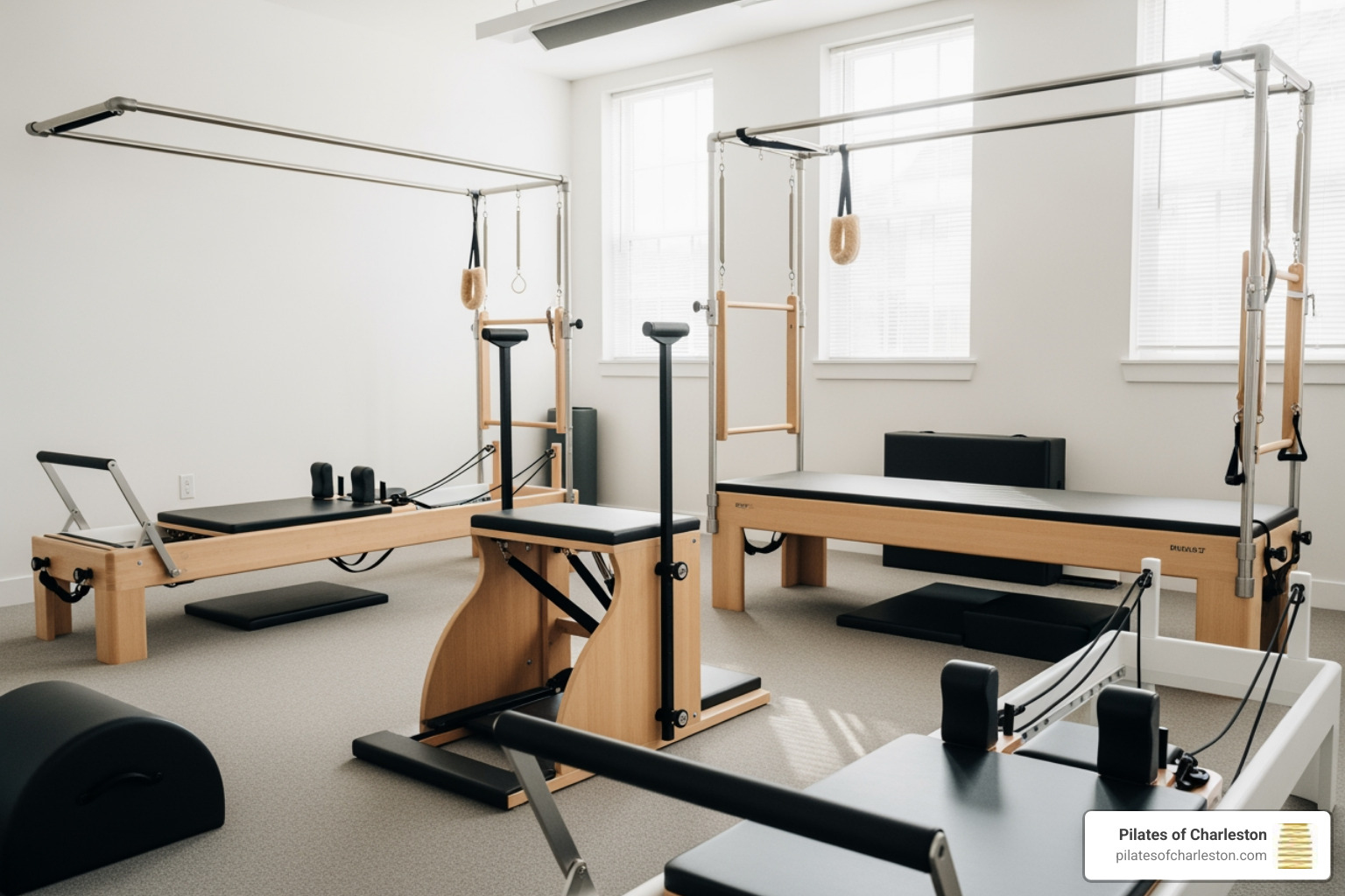 Various Pilates apparatus including the Cadillac, Wunda Chair, and Reformer in a bright studio setting - pilates certification classes