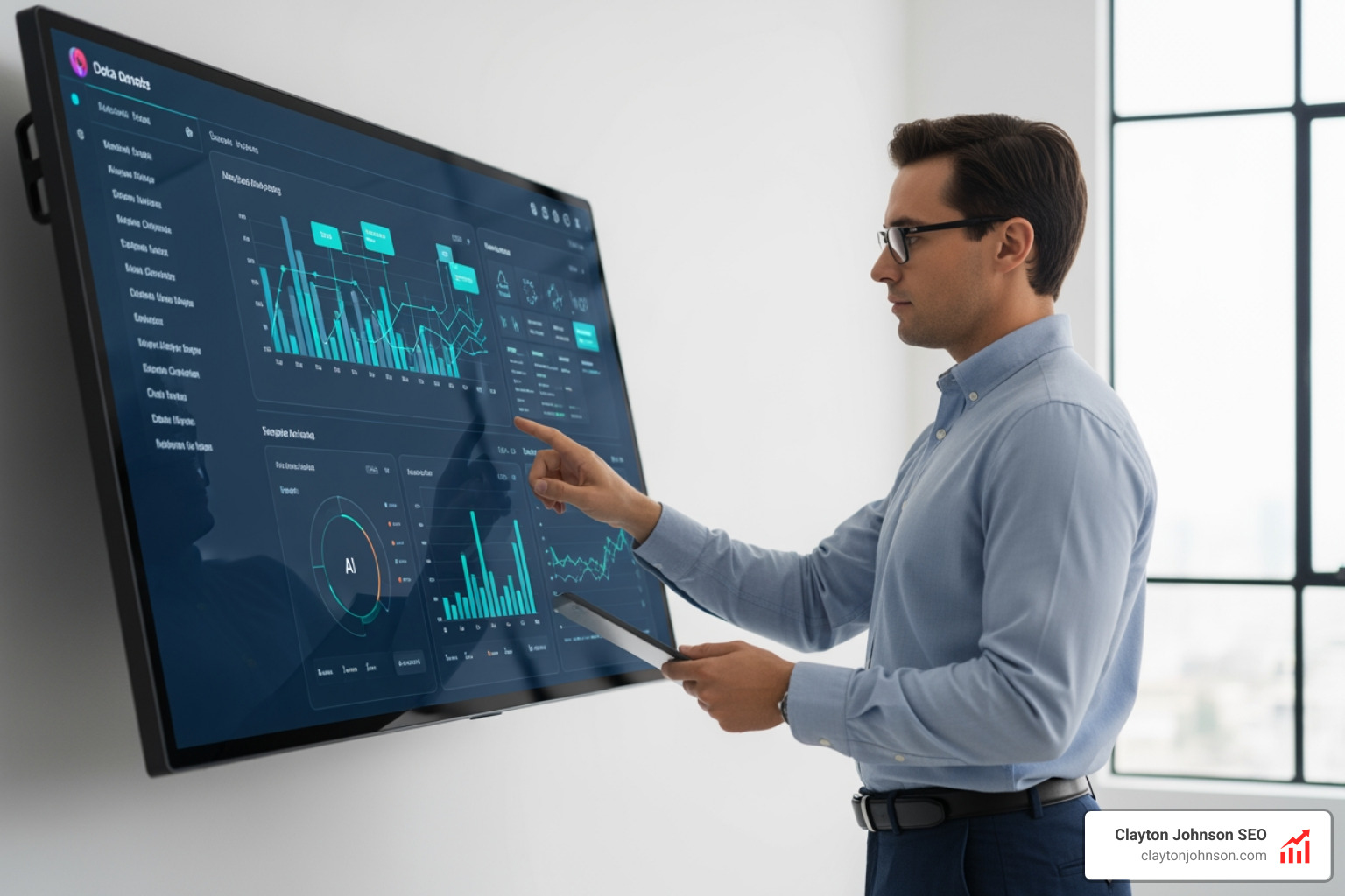A data scientist in a clean, modern office using a large touchscreen interface displaying interactive AI-driven charts and data flows, illustrating the shift from manual work to high-level strategic oversight — white background enterprise corporate style - AI augmented analytics workflows
