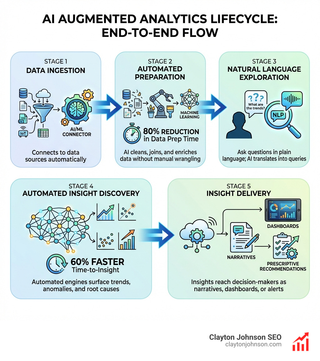Infographic showing the end-to-end augmented analytics lifecycle: five stages labeled Data Ingestion, Automated Preparation, Natural Language Exploration, Automated Insight Discovery, and Insight Delivery, with AI/ML icons at each stage, arrows connecting each phase in a horizontal flow, key stats including 80% reduction in data prep time and 60% faster time-to-insight, and a final output box showing dashboards, narratives, and prescriptive recommendations — white background enterprise corporate style - AI augmented analytics workflows infographic 