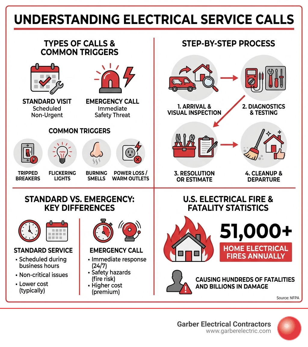 Infographic showing the types of electrical service calls, common triggers like tripped breakers and burning smells, the step-by-step process from arrival to cleanup, the difference between standard visits and emergency calls, and key U.S. electrical fire and fatality statistics - Electrical service calls infographic 
