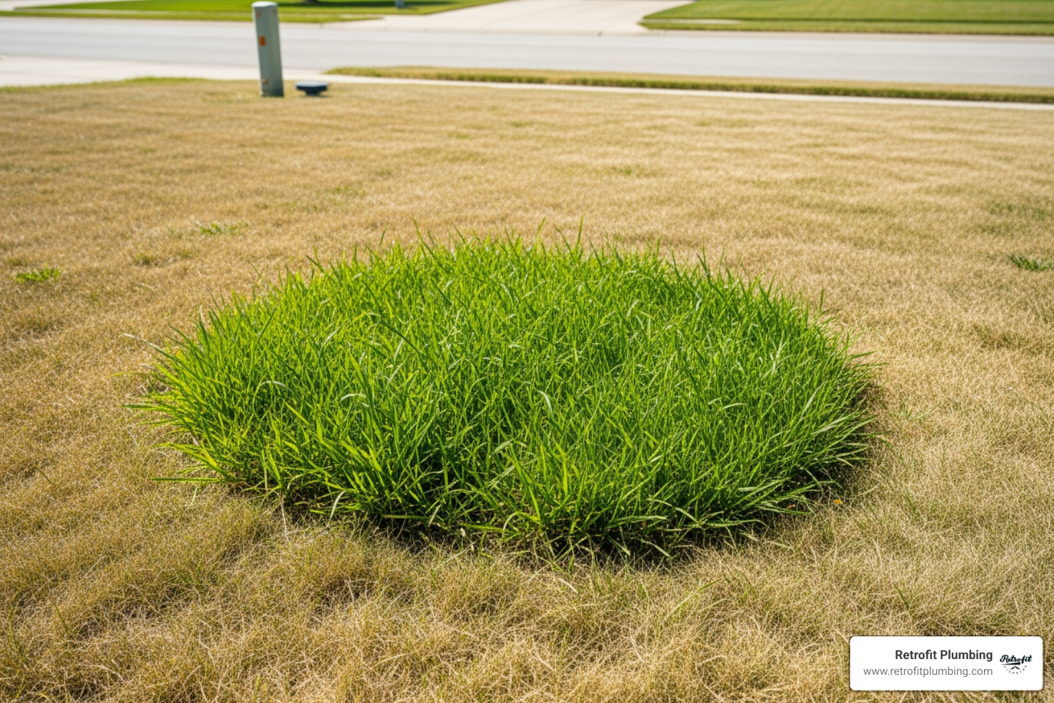 Lush green patches in a residential yard indicating a sewer leak - sewer line replacement Lush green patches in a residential yard indicating a sewer leak - sewer line replacement