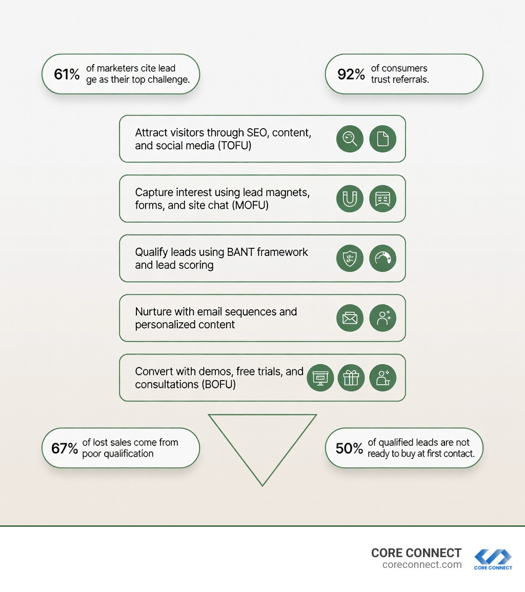 Infographic showing the lead generation process: Step 1 - Attract visitors through SEO, content, and social media (TOFU). Step 2 - Capture interest using lead magnets, forms, and site chat (MOFU). Step 3 - Qualify leads using BANT framework and lead scoring. Step 4 - Nurture with email sequences and personalized content. Step 5 - Convert with demos, free trials, and consultations (BOFU). Key stats: 61% of marketers cite lead gen as their top challenge, 67% of lost sales come from poor qualification, 92% of consumers trust referrals, 50% of qualified leads are not ready to buy at first contact. - Improve lead generation infographic 