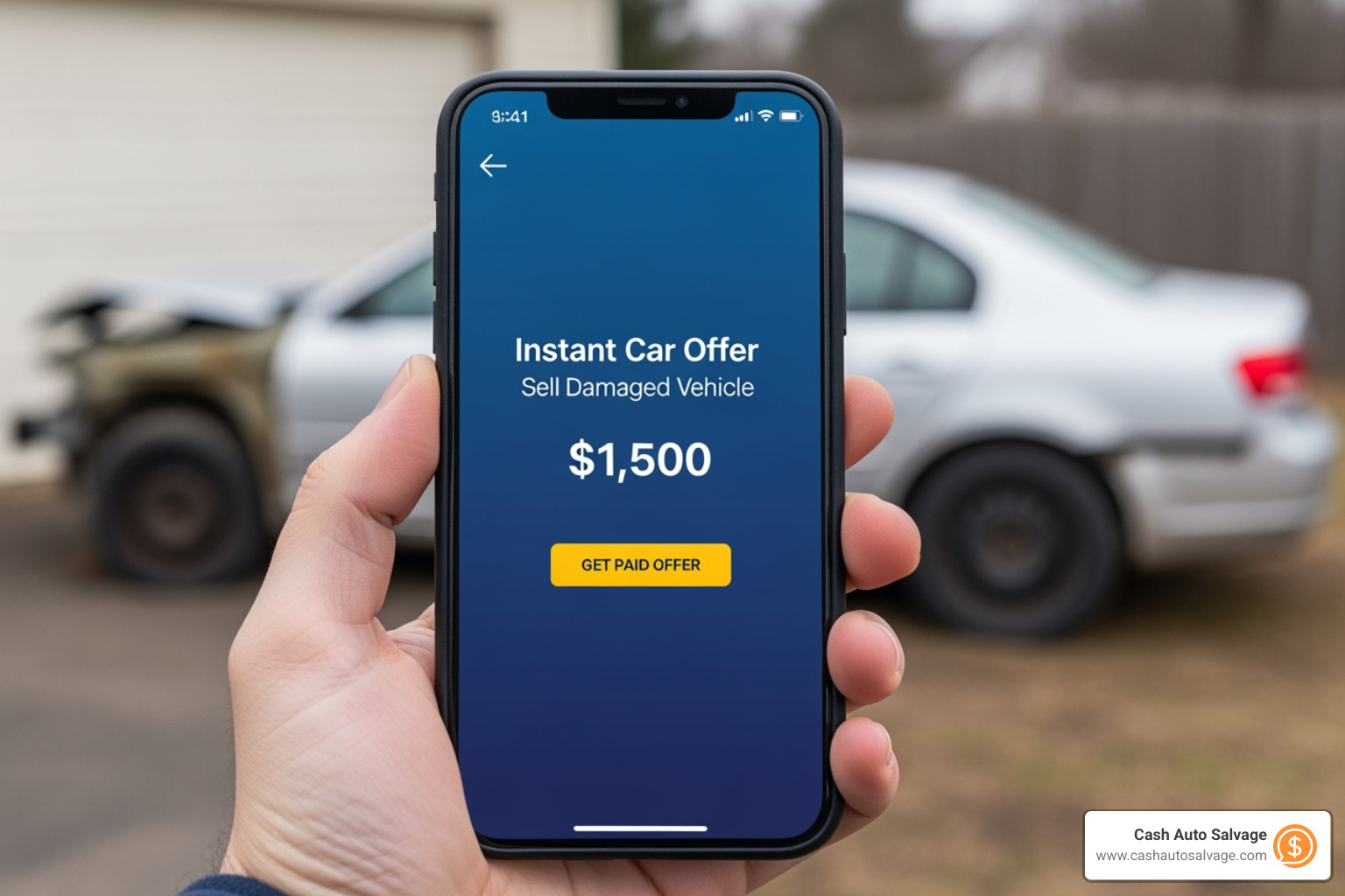 Smartphone showing an instant car offer - sell damaged car Tampa fast