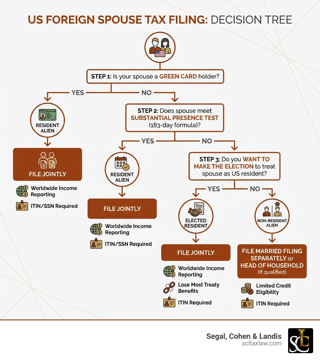 Infographic showing a decision tree for US foreign spouse tax filing: Step 1 - Is your spouse a green card holder? Yes = Resident Alien, file jointly. No = Step 2. Step 2 - Does your spouse meet the Substantial Presence Test (183-day formula)? Yes = Resident Alien. No = Step 3. Step 3 - Do you want to make the election to treat spouse as US resident? Yes = File jointly, report worldwide income, lose most treaty benefits. No = File Married Filing Separately or Head of Household if you qualify. Each branch shows key consequences such as worldwide income reporting, ITIN requirements, and credit eligibility. - foreign spouse tax filing infographic