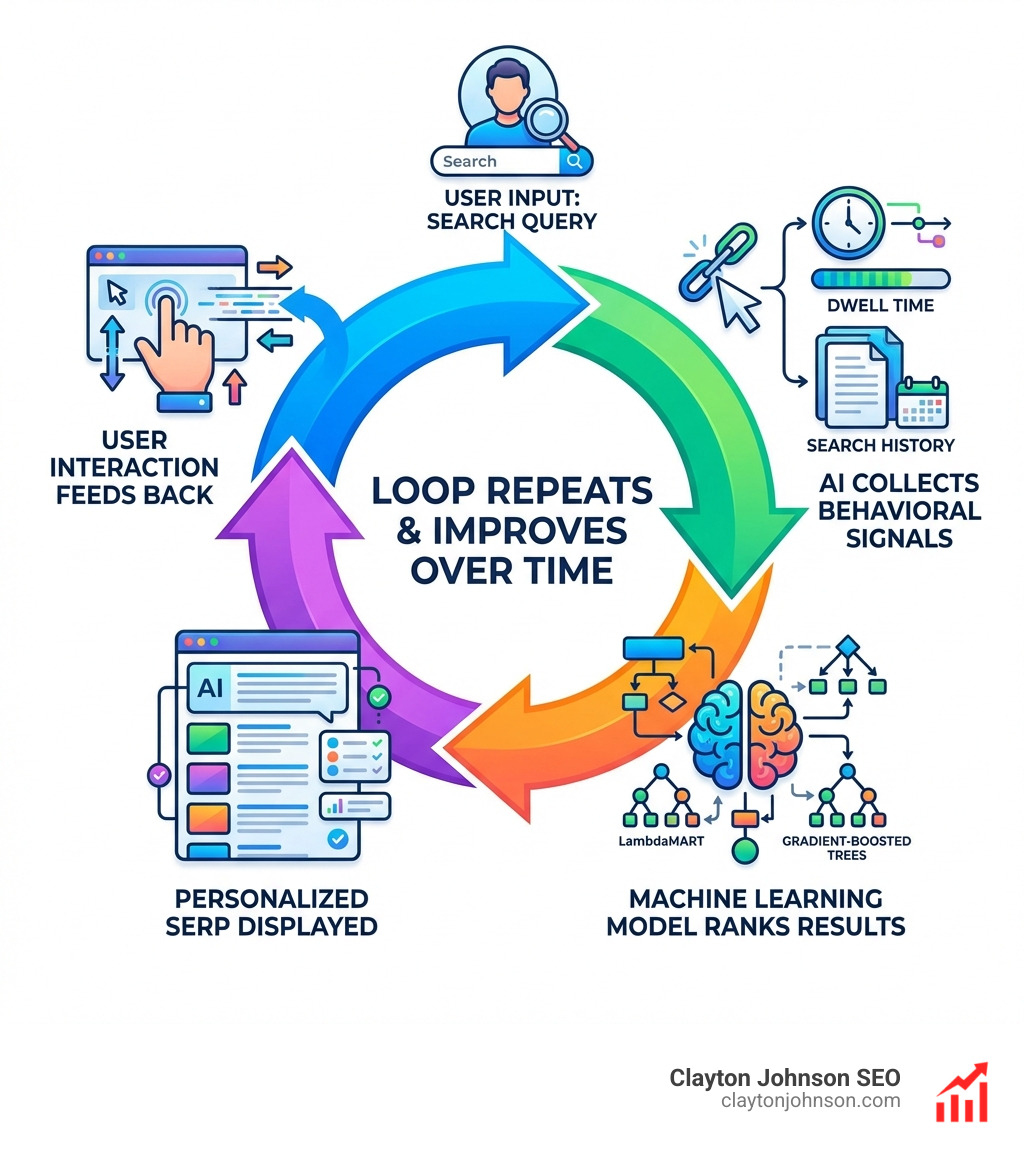 Infographic showing the AI SERP personalization feedback loop: user inputs search query → AI collects behavioral signals (clicks, dwell time, history) → machine learning model ranks results using LambdaMART and gradient-boosted trees → personalized SERP is displayed → user interaction feeds back into the model → loop repeats and improves over time; includes icons for data signals, ranking model, and SERP output with arrows connecting each stage in a circular flow on a white background - How AI personalizes SERPs infographic Infographic showing the AI SERP personalization feedback loop: user inputs search query → AI collects behavioral signals (clicks, dwell time, history) → machine learning model ranks results using LambdaMART and gradient-boosted trees → personalized SERP is displayed → user interaction feeds back into the model → loop repeats and improves over time; includes icons for data signals, ranking model, and SERP output with arrows connecting each stage in a circular flow on a white background - How AI personalizes SERPs infographic