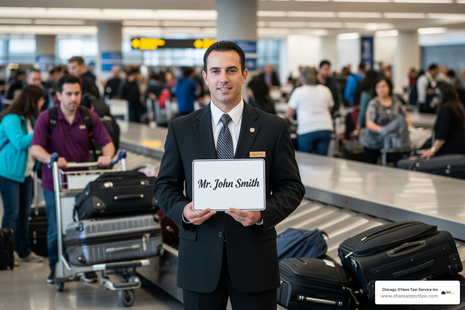 A professional chauffeur in a suit holding a personalized greeting sign inside the O'Hare baggage claim area - Chicago O'Hare private car A professional chauffeur in a suit holding a personalized greeting sign inside the O'Hare baggage claim area - Chicago O'Hare private car