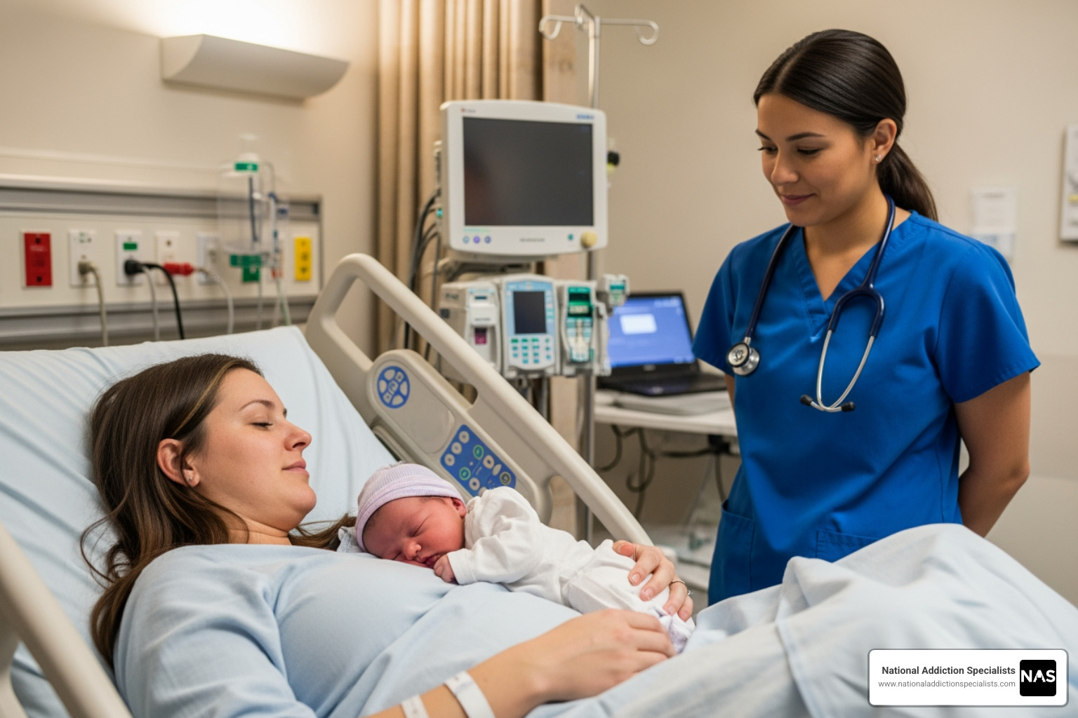 A newborn in a rooming-in setting with a supportive healthcare provider nearby, emphasizing a calm and medical environment for monitoring - suboxone in pregnancy