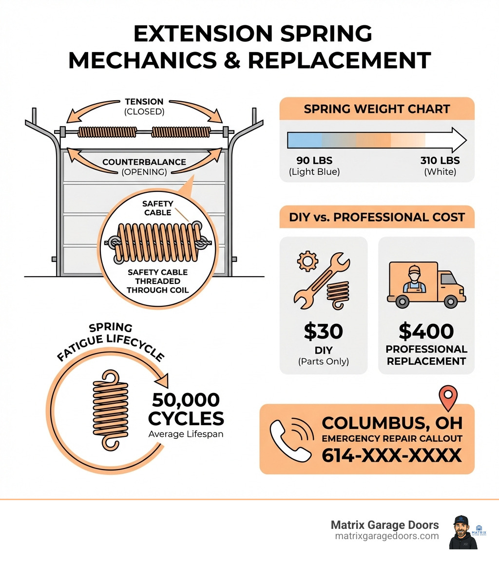 Infographic showing extension spring mechanics: spring location above horizontal tracks, tension and counterbalance diagram, safety cable threading through spring coil, color-coded spring weight chart from 90 lbs light blue to 310 lbs white, DIY vs professional cost comparison ($30 vs $400), spring fatigue lifecycle at 50,000 cycles, and Columbus OH emergency repair callout - Extension spring replacement infographic 