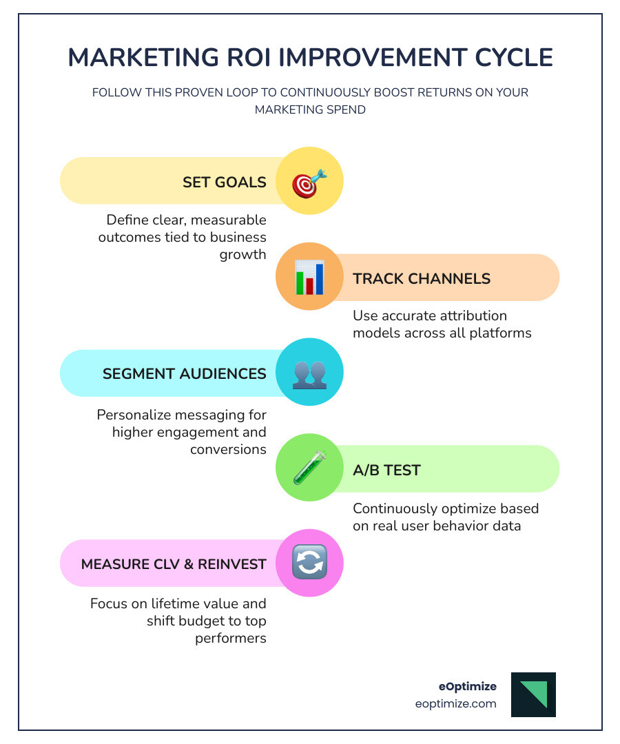 Infographic showing the marketing ROI improvement cycle: Set Goals → Track All Channels → Segment Audiences → Allocate Budget to Top Performers → A/B Test Continuously → Measure CLV → Reinvest in High-ROI Channels → Repeat, with benchmark indicators showing good ROI at 5:1 ratio and email marketing returning up to $36 per $1 spent - how to improve roi on marketing infographic infographic-line-5-steps-colors